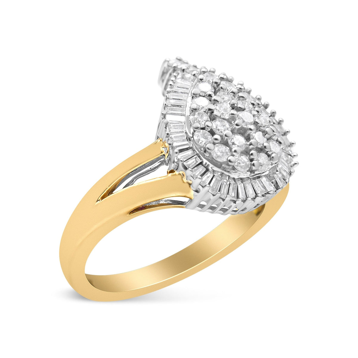 14K Yellow and White Gold 1.00 Cttw Round and Baguette-Cut Diamond Ballerina Cocktail Ring (H-I Color, SI2-I1 Clarity) - LinkagejewelrydesignLinkagejewelrydesign