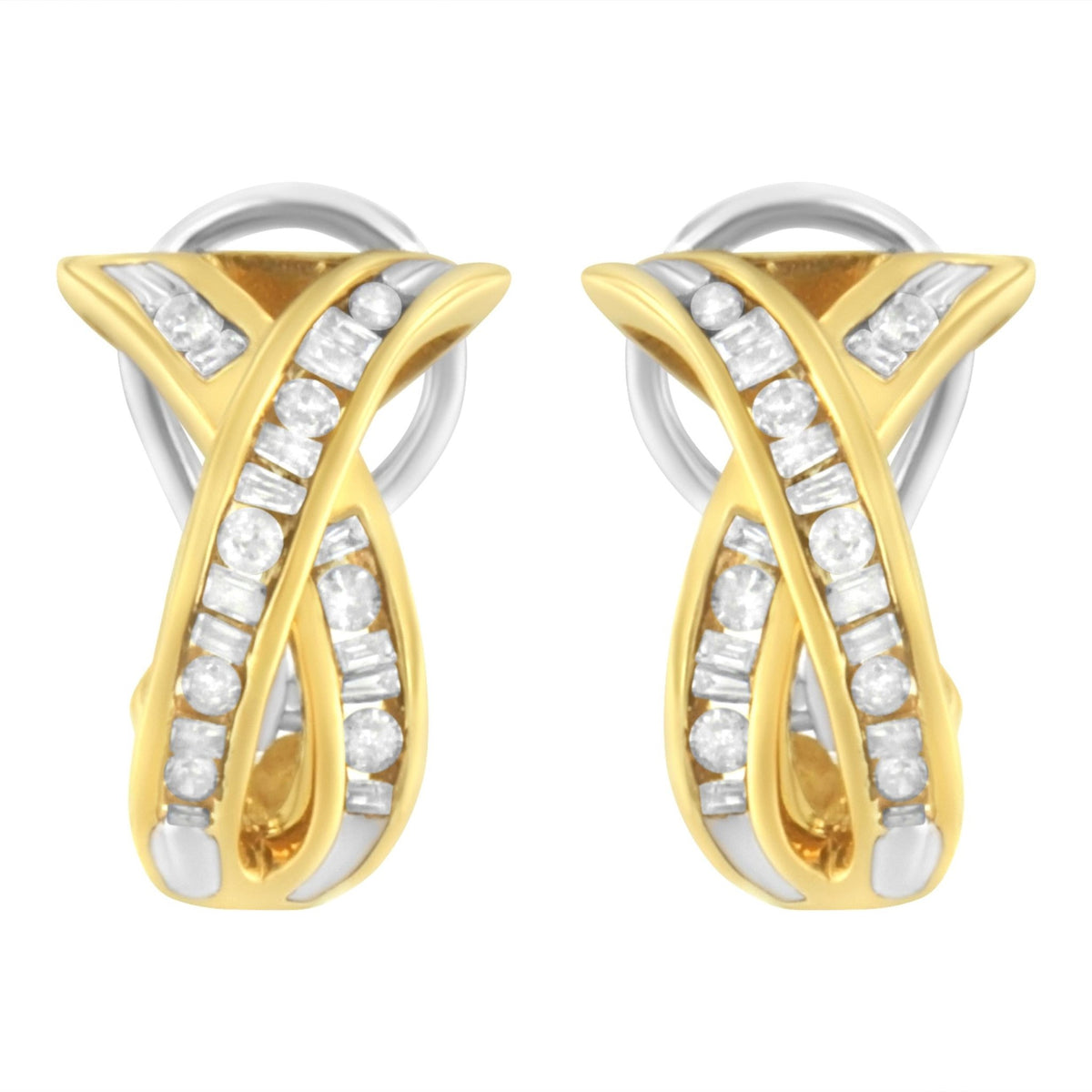 14K Yellow and White Gold 1/2 TDW &quot;X&quot; Shape Cross Over Diamond Hoop Earrings (I-J, I2-I3) - LinkagejewelrydesignLinkagejewelrydesign