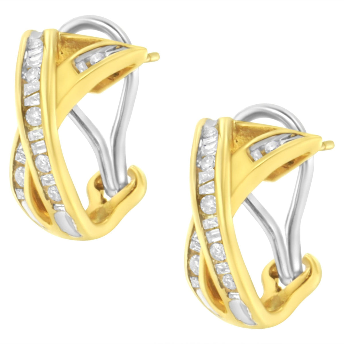 14K Yellow and White Gold 1/2 TDW &quot;X&quot; Shape Cross Over Diamond Hoop Earrings (I-J, I2-I3) - LinkagejewelrydesignLinkagejewelrydesign