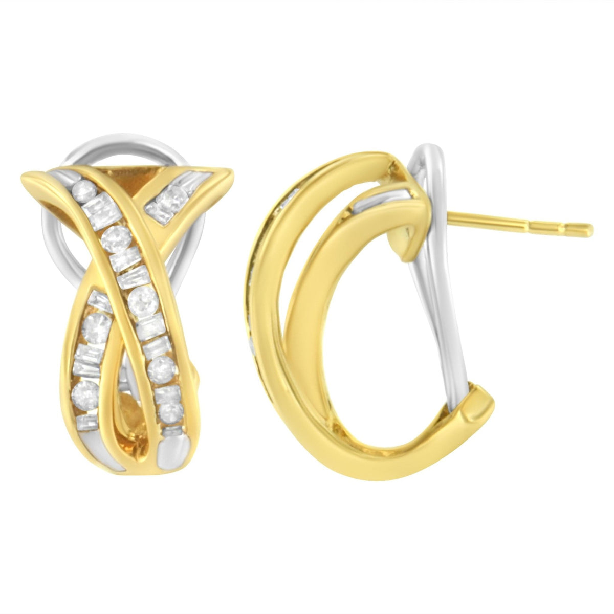 14K Yellow and White Gold 1/2 TDW &quot;X&quot; Shape Cross Over Diamond Hoop Earrings (I-J, I2-I3) - LinkagejewelrydesignLinkagejewelrydesign