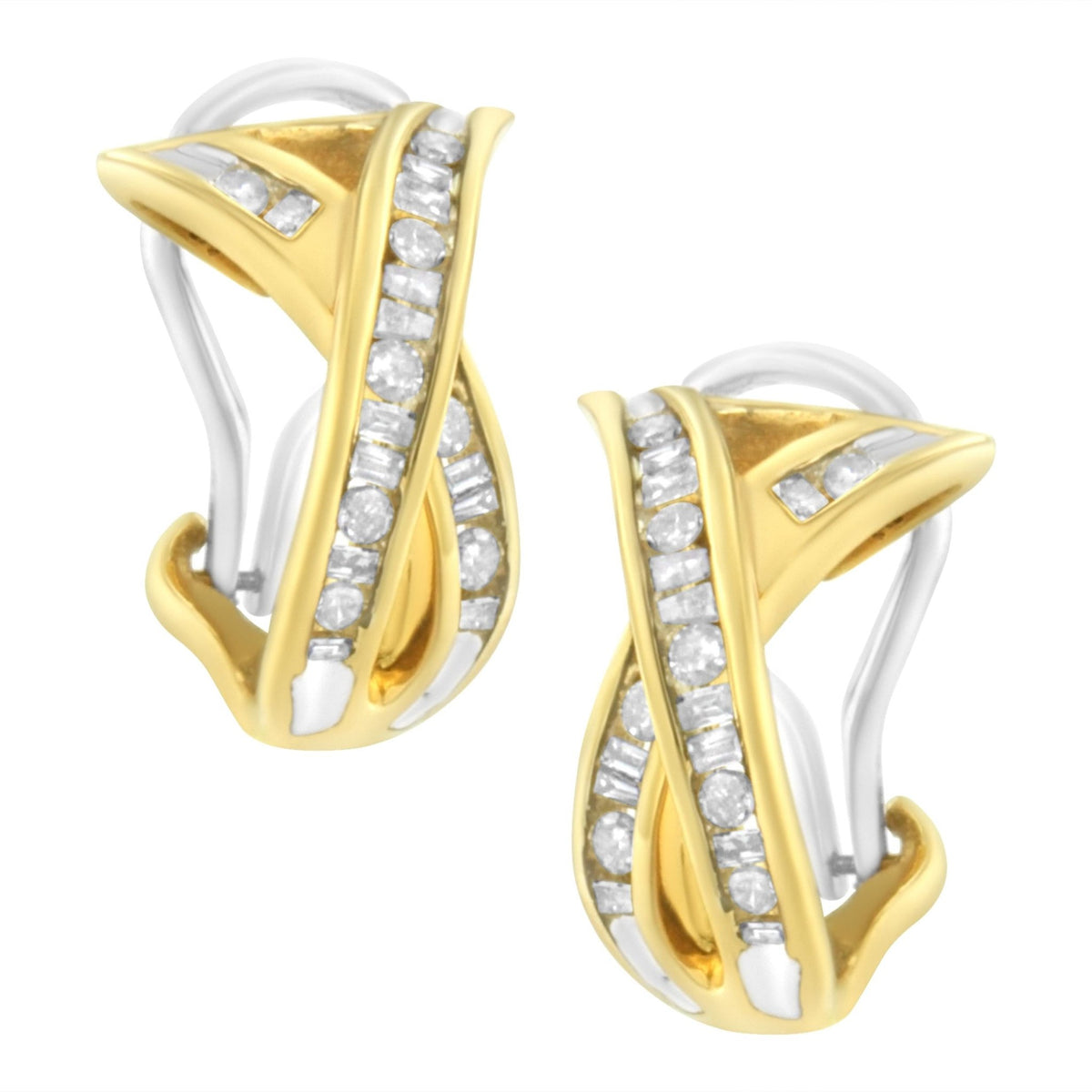 14K Yellow and White Gold 1/2 TDW &quot;X&quot; Shape Cross Over Diamond Hoop Earrings (I-J, I2-I3) - LinkagejewelrydesignLinkagejewelrydesign