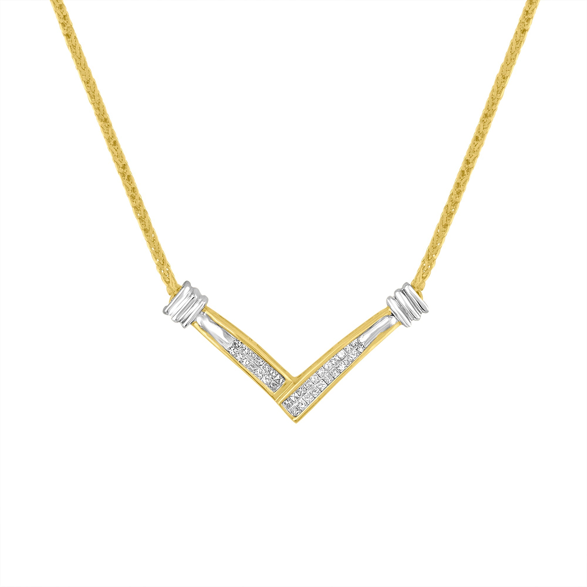 14K Yellow and White Gold 1/4 Cttw Princess Cut Diamond Channel-Set “V” Shape 18" Pendant Necklace (H-I Color, SI2-I1 Clarity) - LinkagejewelrydesignLinkagejewelrydesign