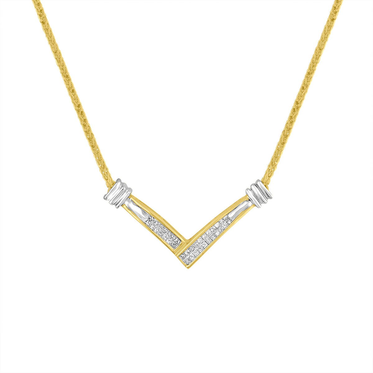 14K Yellow and White Gold 1/4 Cttw Princess Cut Diamond Channel-Set “V” Shape 18&quot; Pendant Necklace (H-I Color, SI2-I1 Clarity) - LinkagejewelrydesignLinkagejewelrydesign