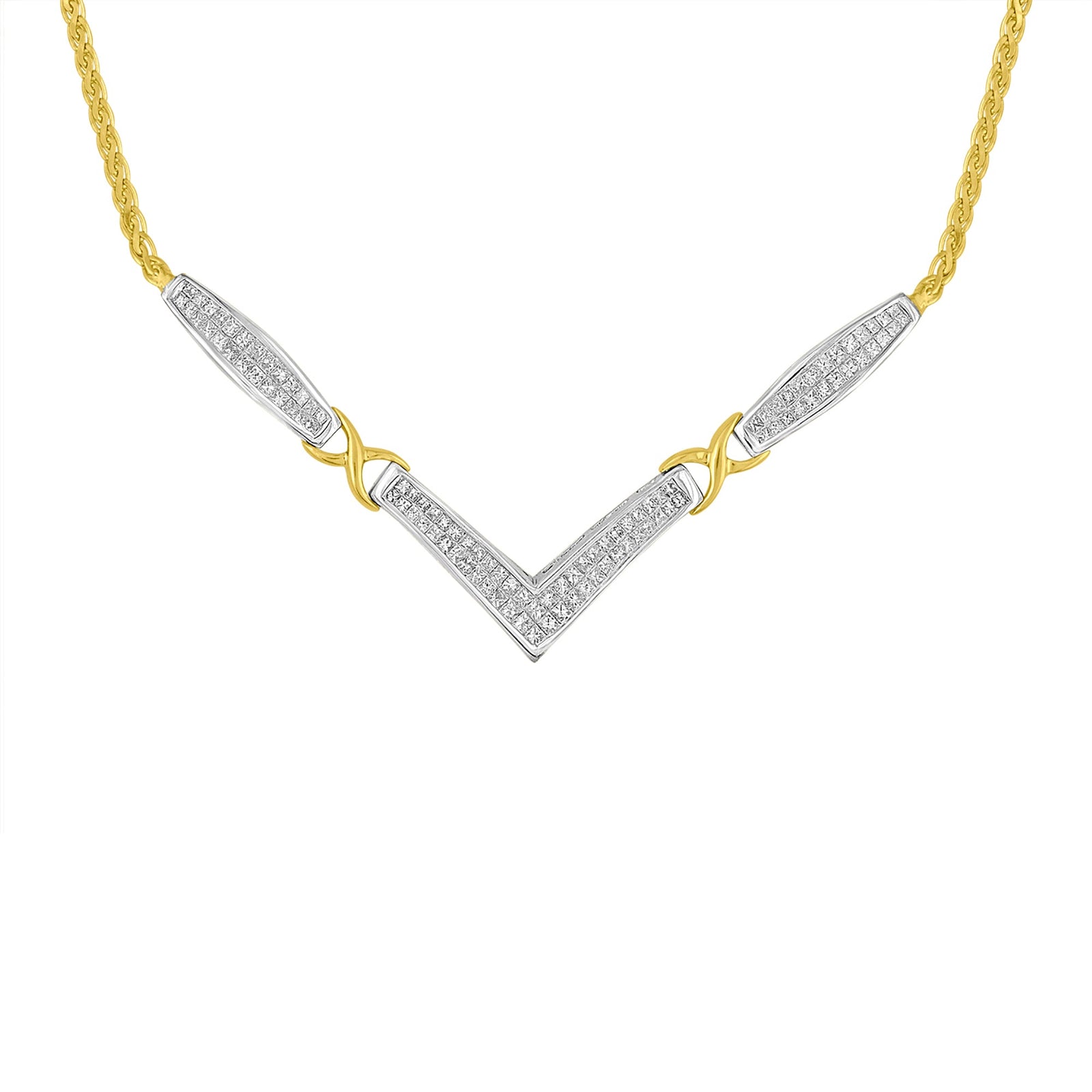14K Yellow and White Gold 2.0 Cttw Princess Cut Diamond Flared and X-Station V Shaped 18” Franco Chain Statement Necklace (H-I Color, SI2-I1 Clarity) - LinkagejewelrydesignLinkagejewelrydesign