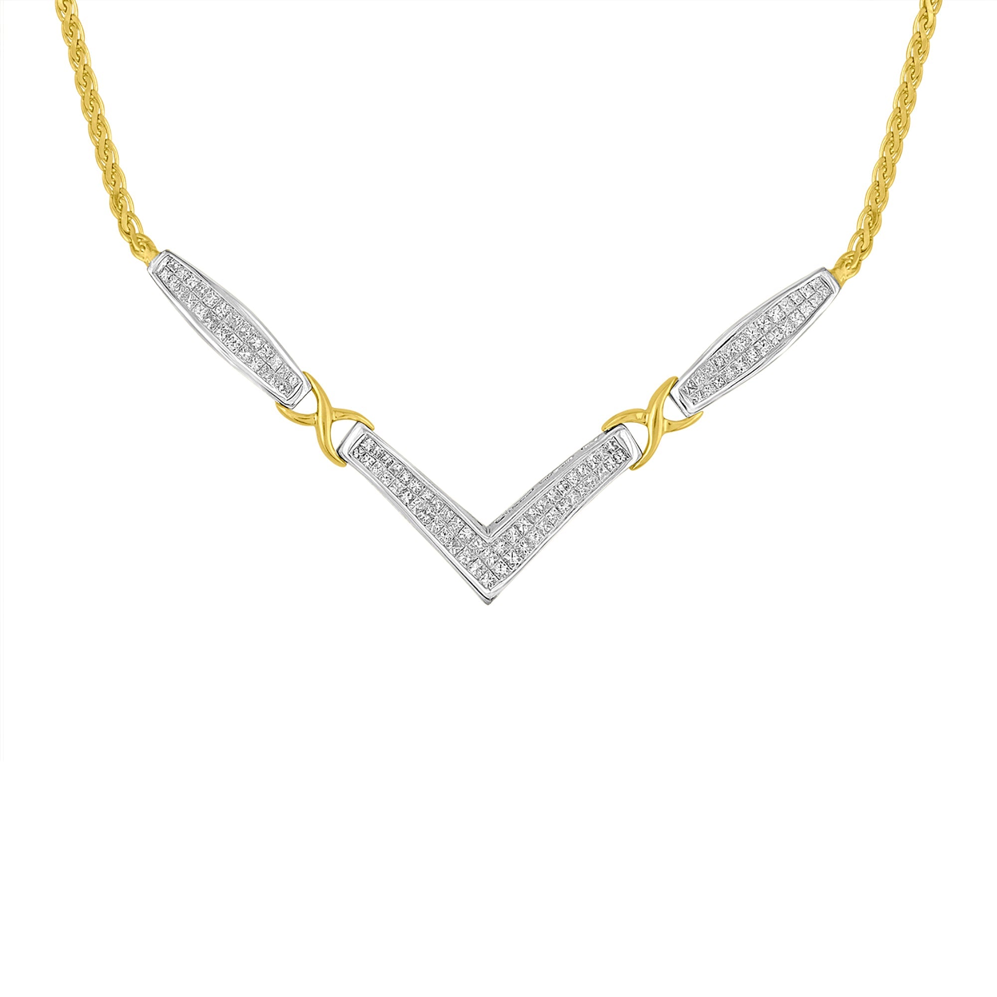 14K Yellow and White Gold 2.0 Cttw Princess Cut Diamond Flared and X-Station V Shaped 18” Franco Chain Statement Necklace (H-I Color, SI2-I1 Clarity) - LinkagejewelrydesignLinkagejewelrydesign