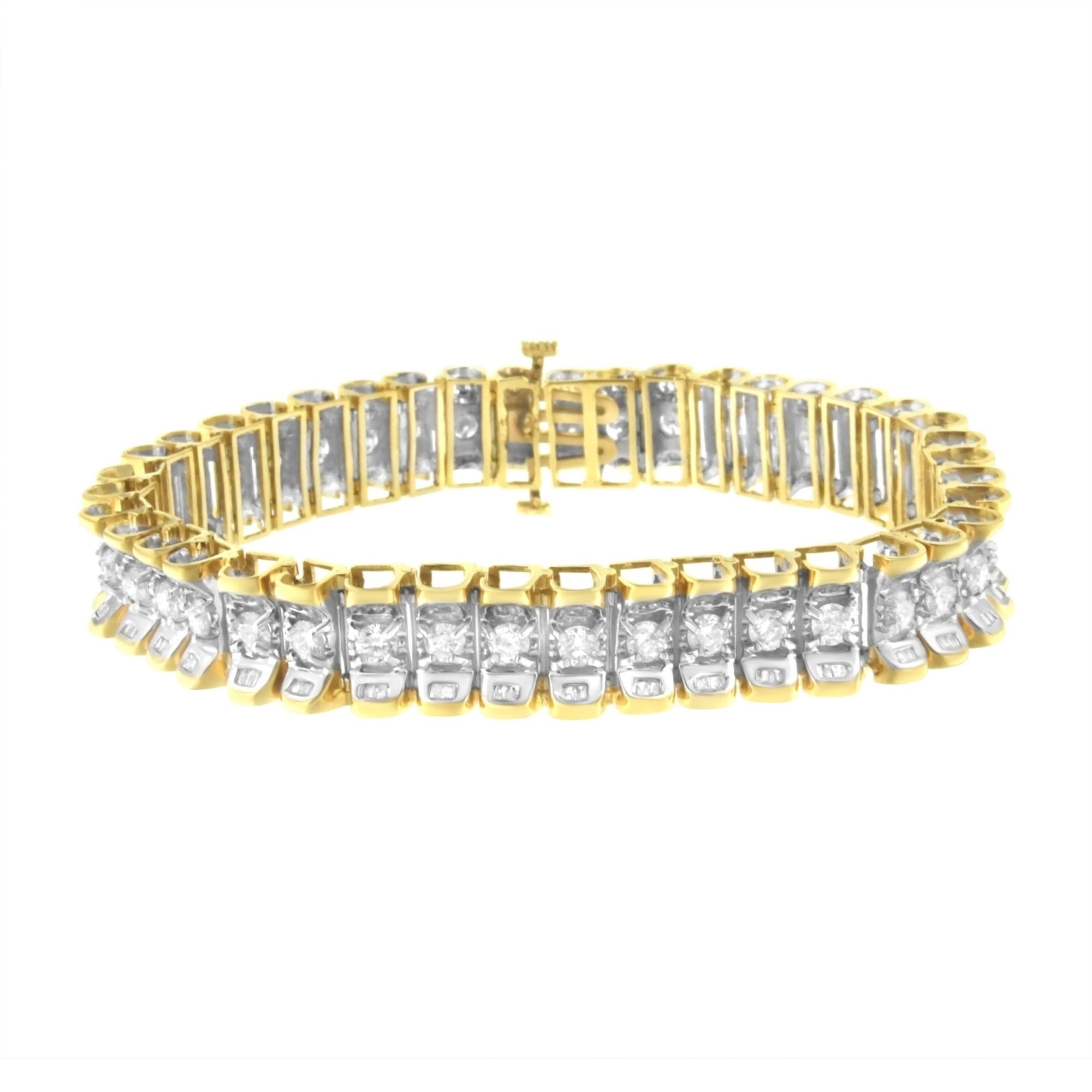 14K Yellow and White Gold 5.0 Cttw Round & Baguette Cut Diamond 7" Reflective Tennis Bracelet (H-I Color, I1-I2 Clarity) - LinkagejewelrydesignLinkagejewelrydesign