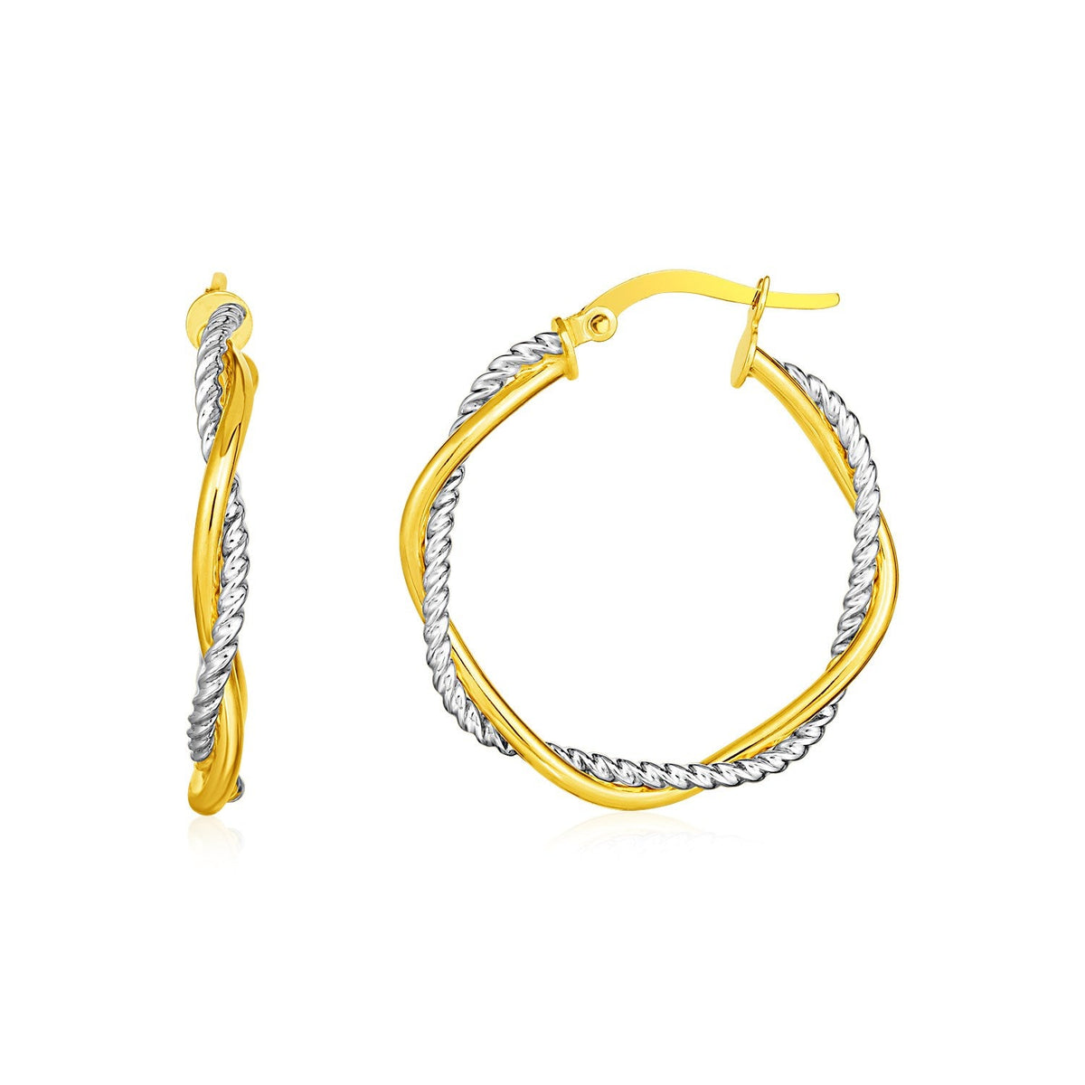 14k Yellow and White Gold Two Part Textured Twisted Round Hoop Earrings - LinkagejewelrydesignLinkagejewelrydesign