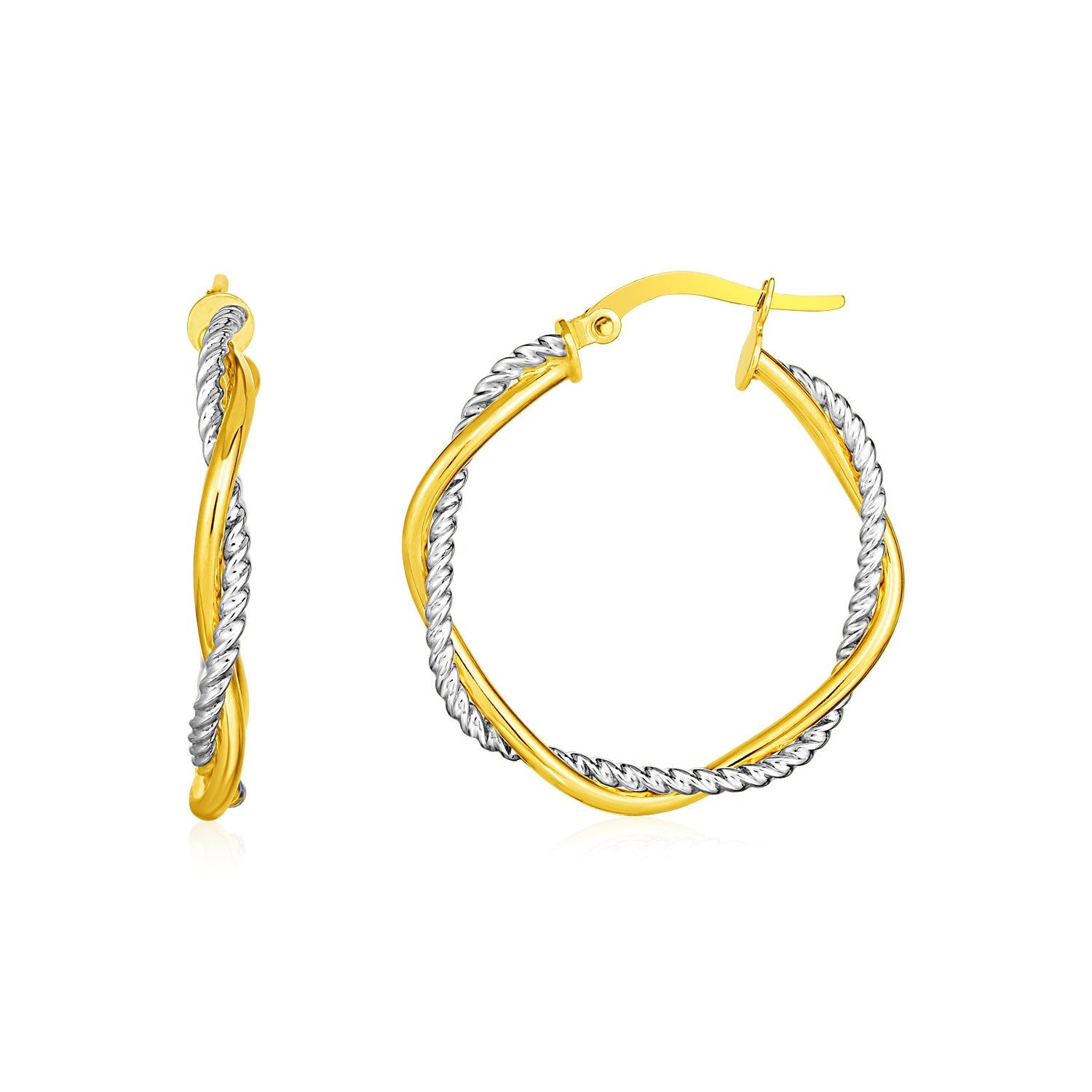 14k Yellow and White Gold Two Part Textured Twisted Round Hoop Earrings - LinkagejewelrydesignLinkagejewelrydesign