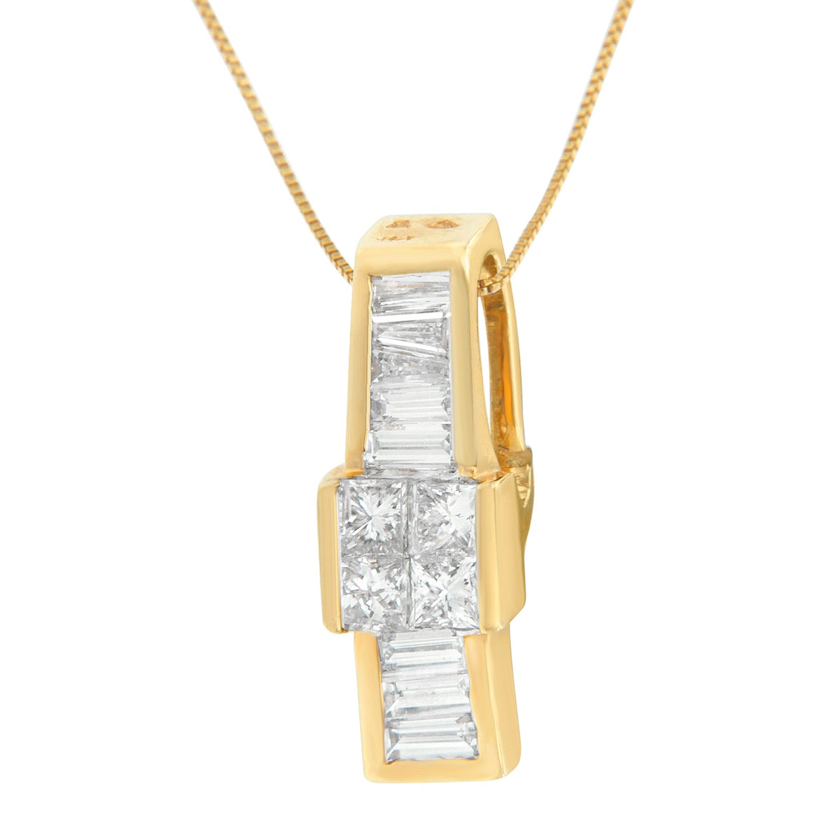 14K Yellow Gold 1 1/10 cttw Baguette and Princess Cut Overlapping Diamond Drop Pendant Necklace (H-I, SI1-SI2) - LinkagejewelrydesignLinkagejewelrydesign