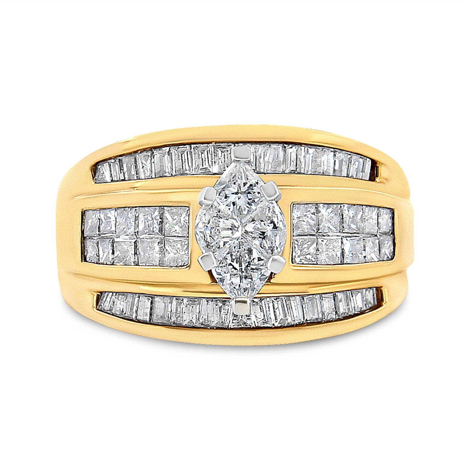 14K Yellow Gold 1 1/2 Cttw Pie, Princess and Baguette-cut Diamond Marquise Shaped Engagement Cocktail Ring Band (H-I Color, I1-I2 Clarity) - Ring Size 7 - LinkagejewelrydesignLinkagejewelrydesign
