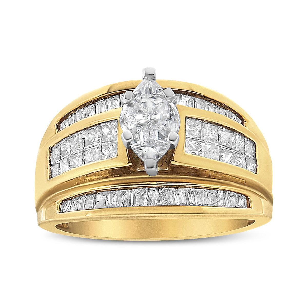 14K Yellow Gold 1 1/2 Cttw Pie, Princess and Baguette-cut Diamond Marquise Shaped Engagement Cocktail Ring Band (H-I Color, I1-I2 Clarity) - Ring Size 7 - LinkagejewelrydesignLinkagejewelrydesign