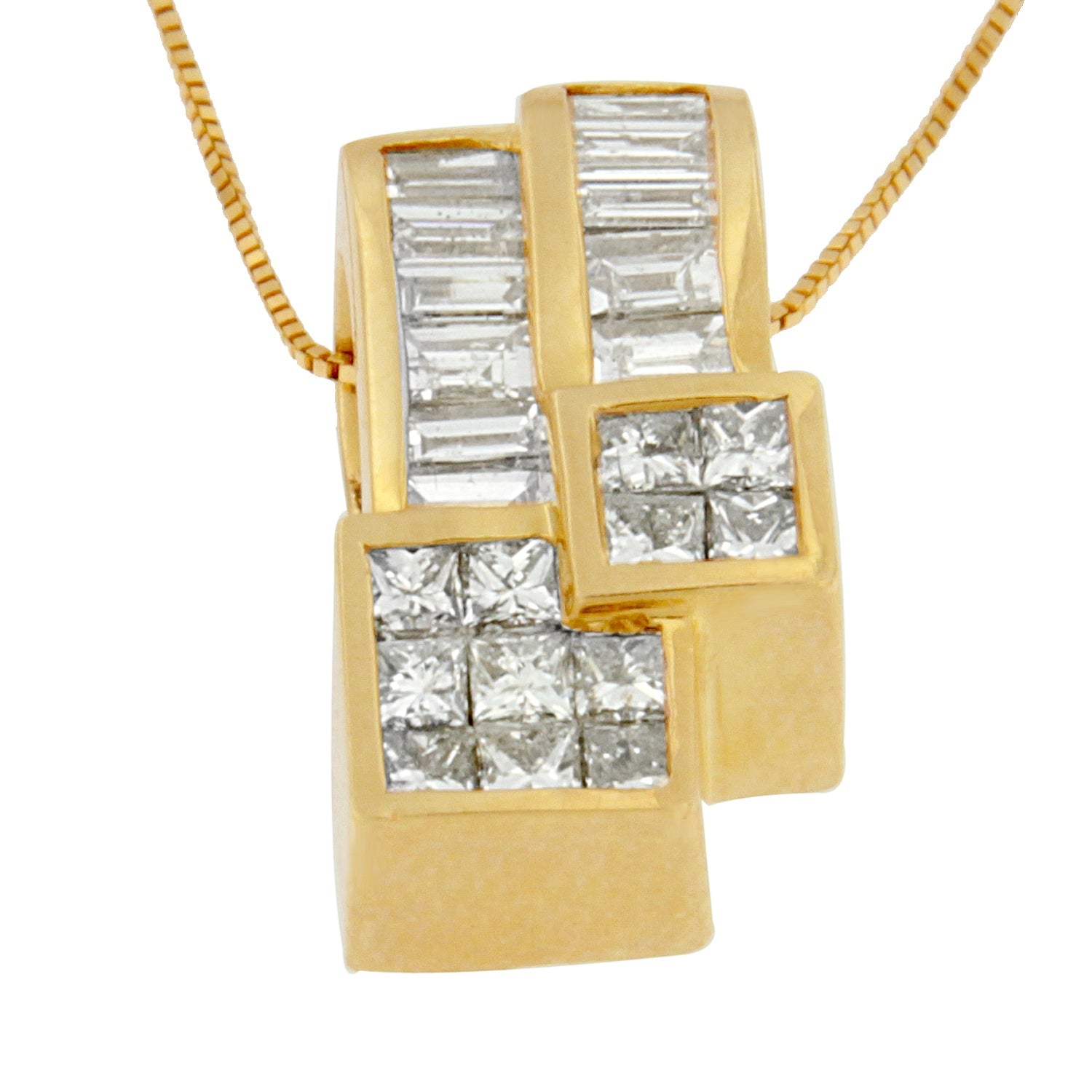 14K Yellow Gold 1 1/2 cttw Princess and Baguette Cut Diamond Geometric Pendant Necklace (H-I Color, VS1-VS2 Clarity) - LinkagejewelrydesignLinkagejewelrydesign