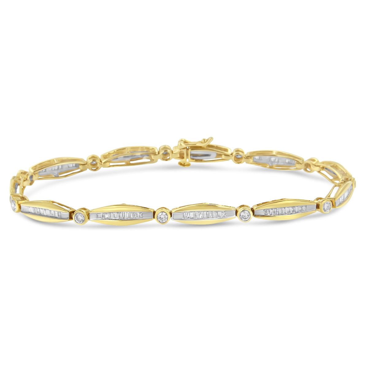 14K Yellow Gold 1-1/2 Cttw Round Brilliant-Cut &amp; Baguette Cut Diamond Bezel and Tapered Link 7&quot; Tennis Bracelet (H-I Color, I1-I2 Clarity) - LinkagejewelrydesignLinkagejewelrydesign