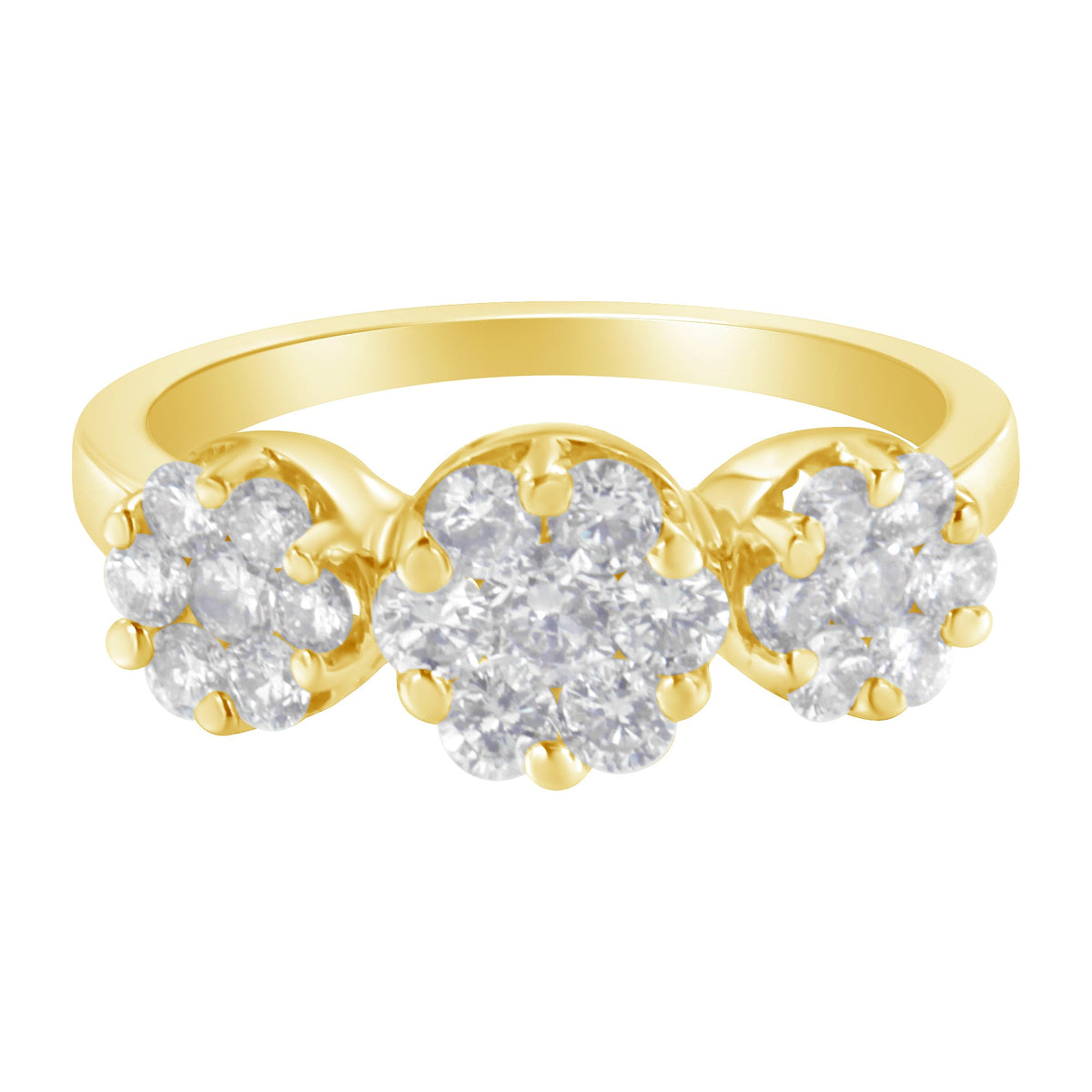 14K Yellow Gold 1-1/4 Cttw Brilliant Cut Diamond Three Round Floral Clusters Engagement or Fashion Ring (H-I Color, SI2-I1 Clarity) - Size 6 - LinkagejewelrydesignLinkagejewelrydesign