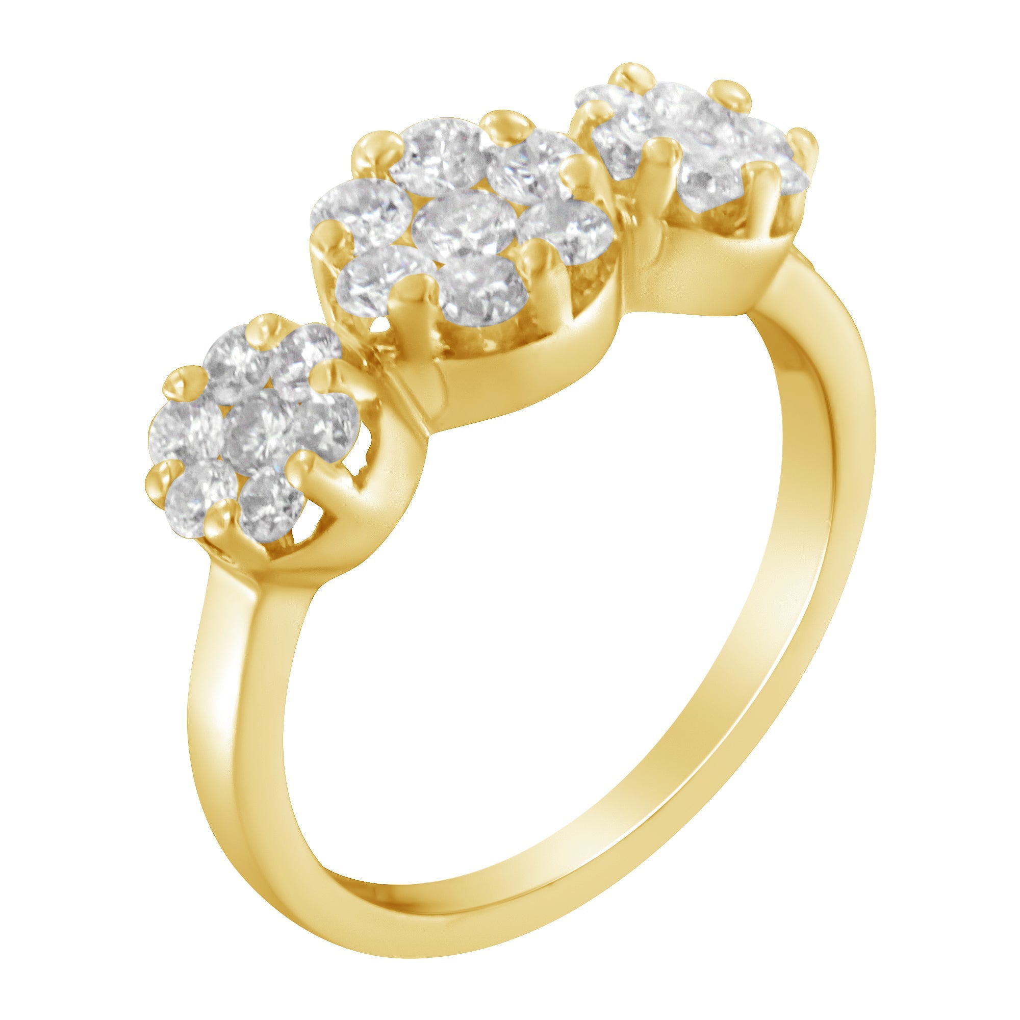 14K Yellow Gold 1-1/4 Cttw Brilliant Cut Diamond Three Round Floral Clusters Engagement or Fashion Ring (H-I Color, SI2-I1 Clarity) - Size 6 - LinkagejewelrydesignLinkagejewelrydesign