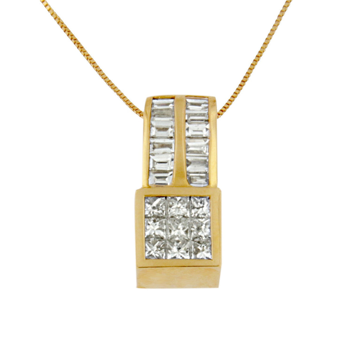 14K Yellow Gold 1 1/4 cttw Princess and Baguette Cut Geometric Inspired Diamond Pendant Necklace (H-I, VS1-VS2) - LinkagejewelrydesignLinkagejewelrydesign