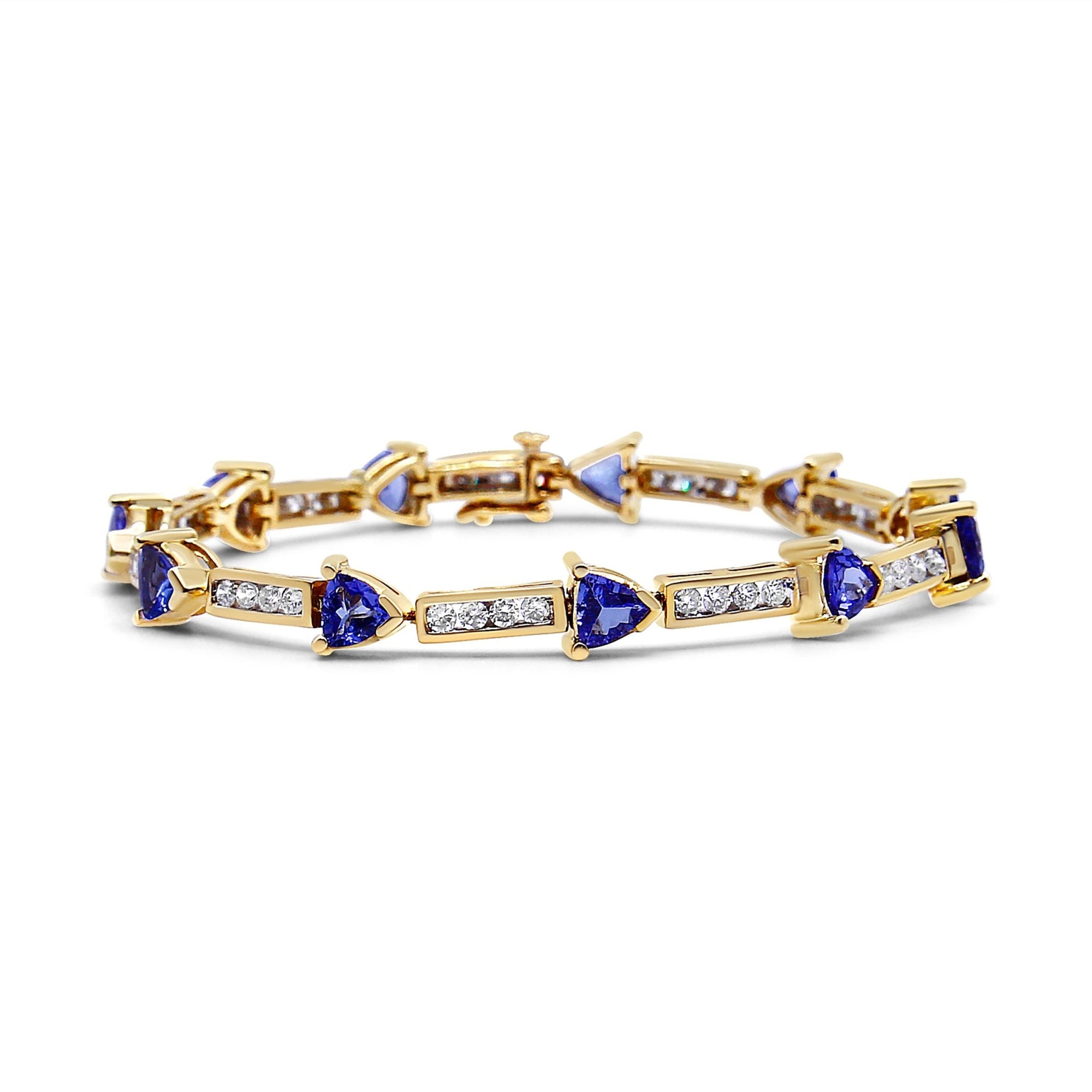 14K Yellow Gold 1 5/8 Cttw Diamond and 5MM Trillion Blue Tanzanite Link Bracelet (H-I Color, I1-I2 Clarity) - 7" - LinkagejewelrydesignLinkagejewelrydesign