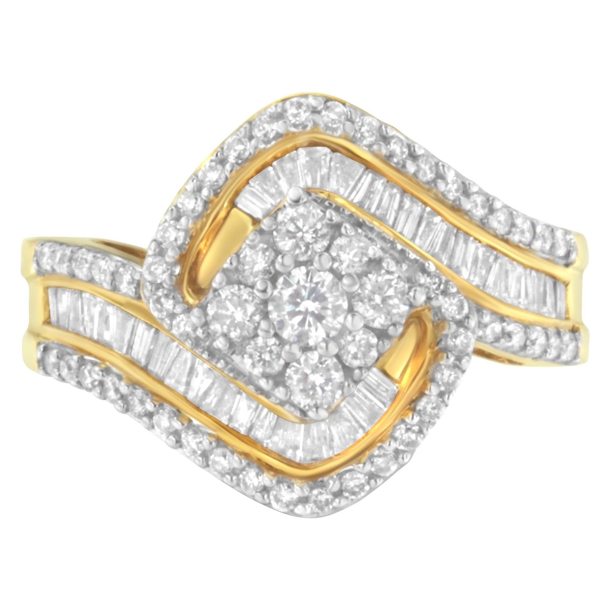 14K Yellow Gold 1.0 Cttw Baguette & Brilliant-Cut Diamond Round Floral Cluster Engagement or Fashion Ring with Swirl Wrapped Triple Row Band (H-I Color, SI2-I1 Clarity) - Size 6-3/4 - LinkagejewelrydesignLinkagejewelrydesign