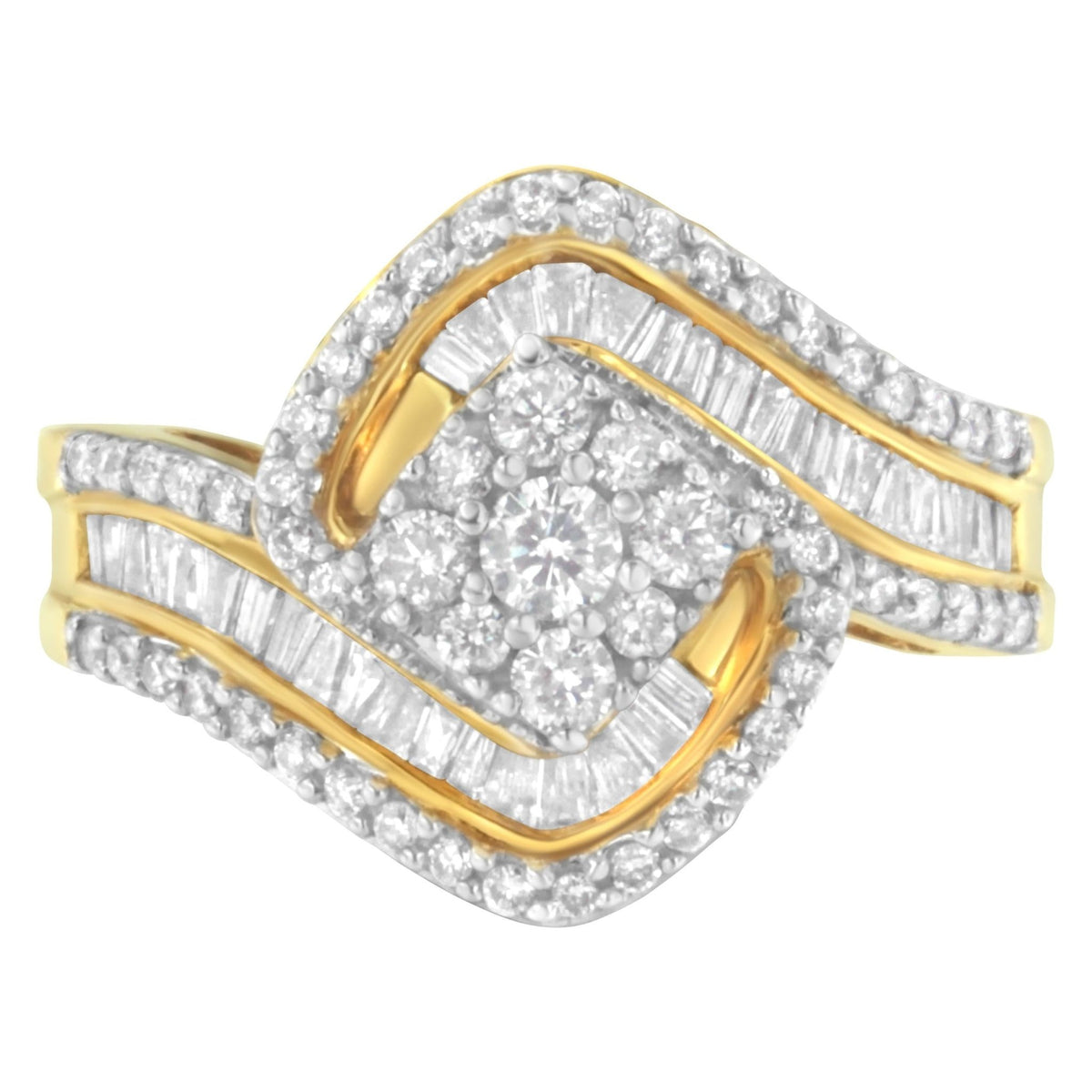 14K Yellow Gold 1.0 Cttw Baguette &amp; Brilliant-Cut Diamond Round Floral Cluster Engagement or Fashion Ring with Swirl Wrapped Triple Row Band (H-I Color, SI2-I1 Clarity) - Size 6-3/4 - LinkagejewelrydesignLinkagejewelrydesign