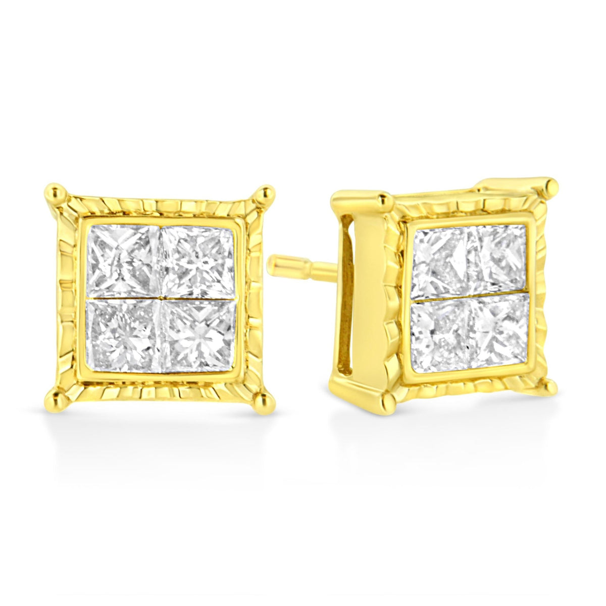 14K Yellow Gold 1.0 Cttw Invisible Set Princess-Cut Diamond Composite 8 Stone Stud Earrings (I-J Color, SI1-SI2 Clarity) - LinkagejewelrydesignLinkagejewelrydesign