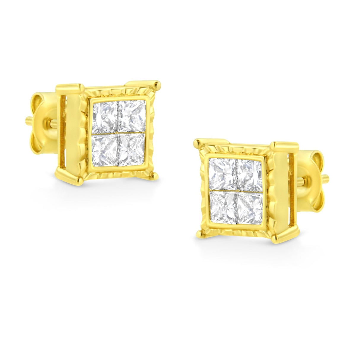 14K Yellow Gold 1.0 Cttw Invisible Set Princess-Cut Diamond Composite 8 Stone Stud Earrings (I-J Color, SI1-SI2 Clarity) - LinkagejewelrydesignLinkagejewelrydesign