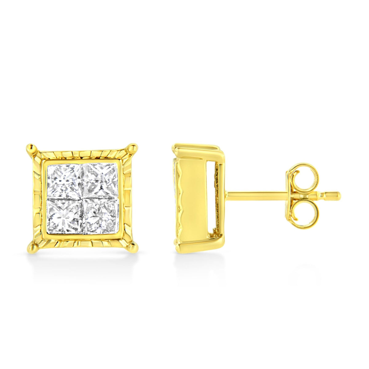 14K Yellow Gold 1.0 Cttw Invisible Set Princess-Cut Diamond Composite 8 Stone Stud Earrings (I-J Color, SI1-SI2 Clarity) - LinkagejewelrydesignLinkagejewelrydesign