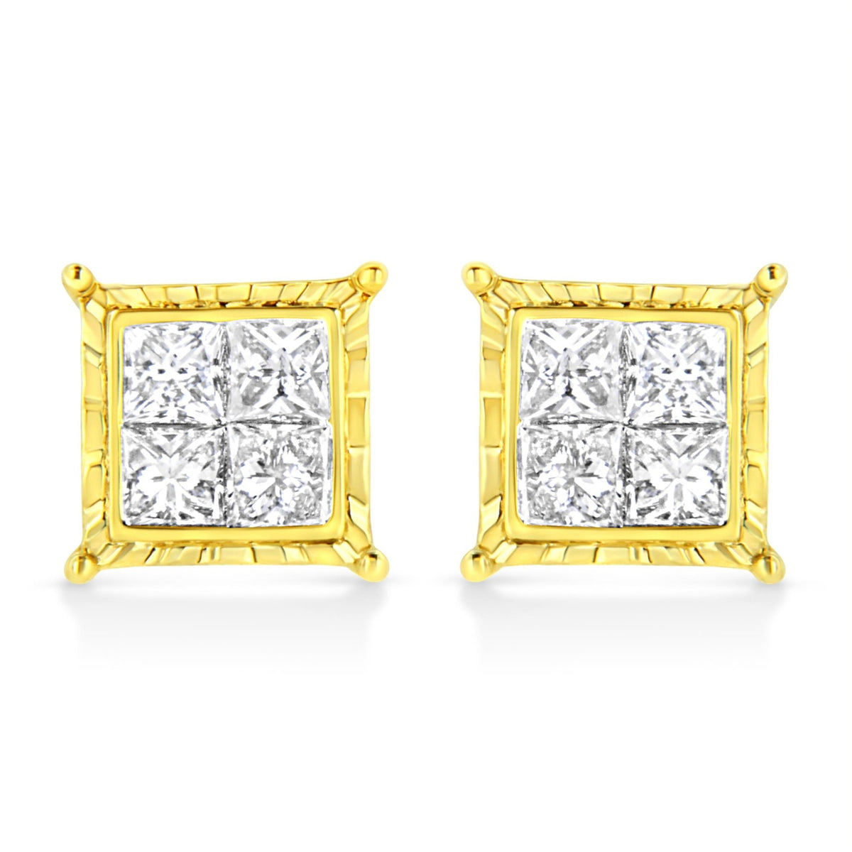 14K Yellow Gold 1.0 Cttw Invisible Set Princess-Cut Diamond Composite 8 Stone Stud Earrings (I-J Color, SI1-SI2 Clarity) - LinkagejewelrydesignLinkagejewelrydesign