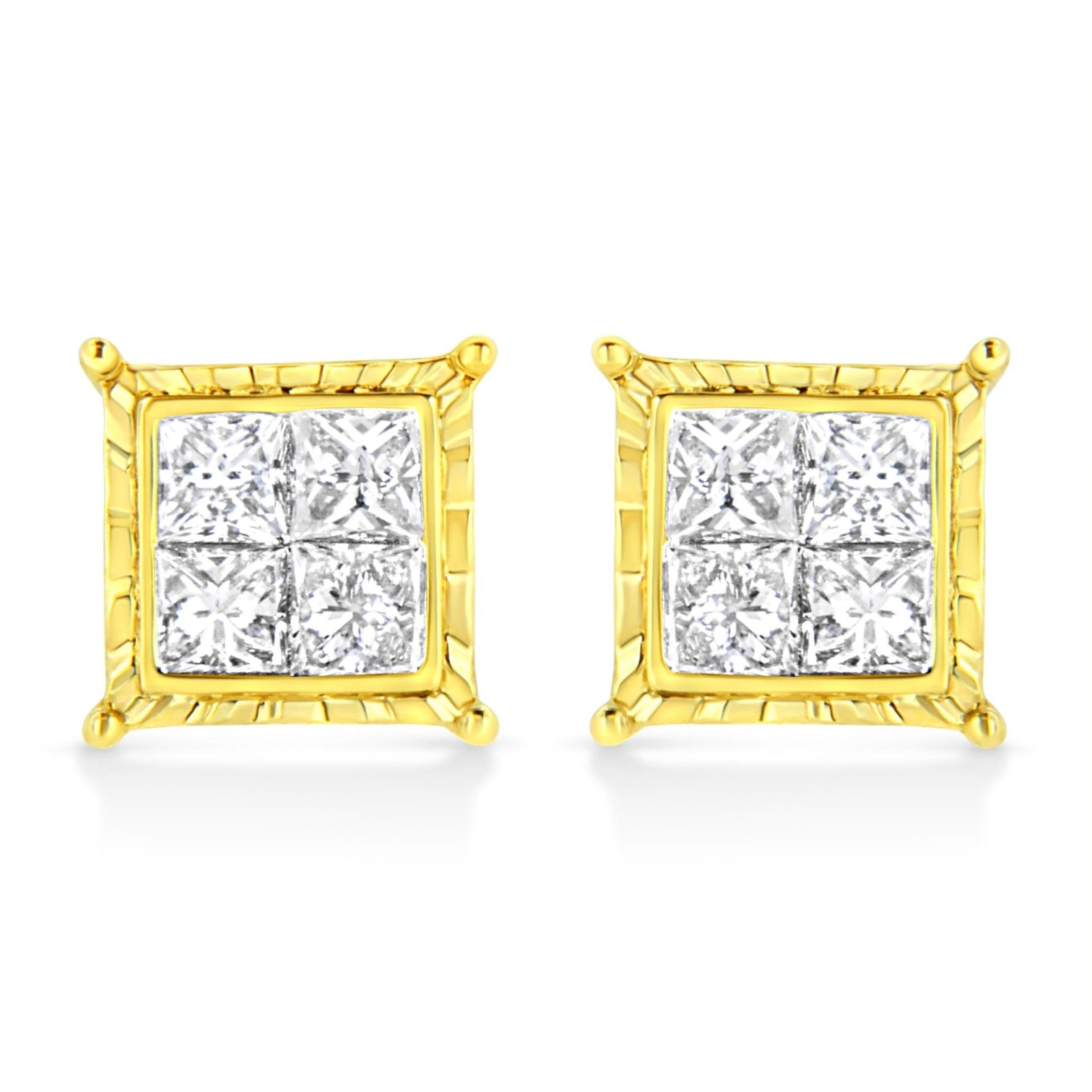 14K Yellow Gold 1.0 Cttw Invisible Set Princess-Cut Diamond Composite 8 Stone Stud Earrings (I-J Color, SI1-SI2 Clarity) - LinkagejewelrydesignLinkagejewelrydesign