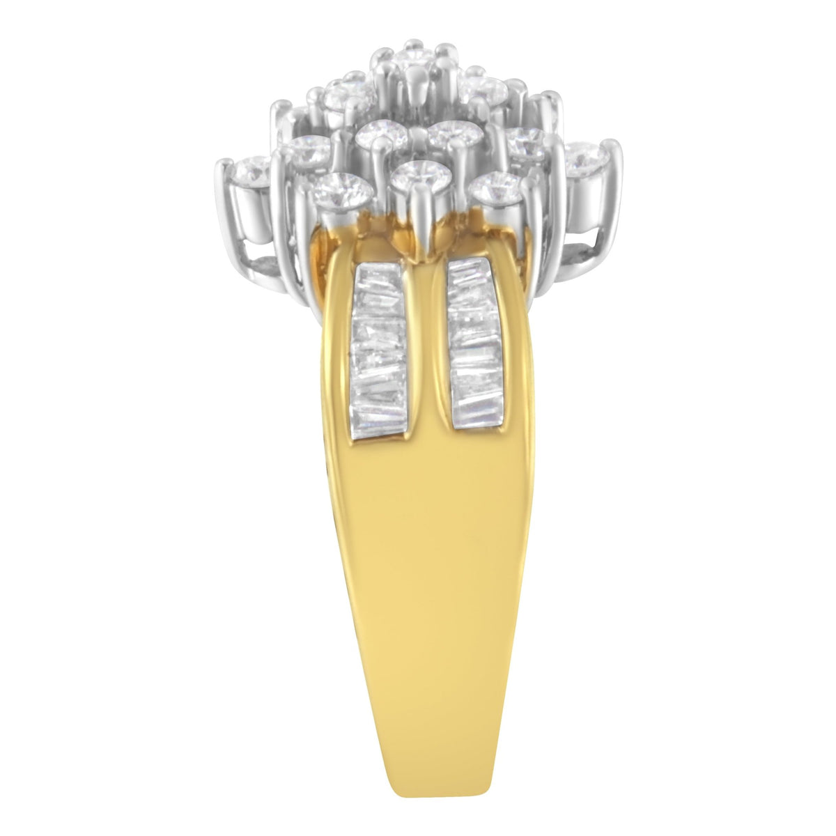 14K Yellow Gold 1.0 Cttw Round & Baguette Cut Diamond Floral Cluster Double-Channel Flared Band Cocktail Statement Ring (H-I Color, SI2-I1 Clarity) - Ring Size 7 - LinkagejewelrydesignLinkagejewelrydesign