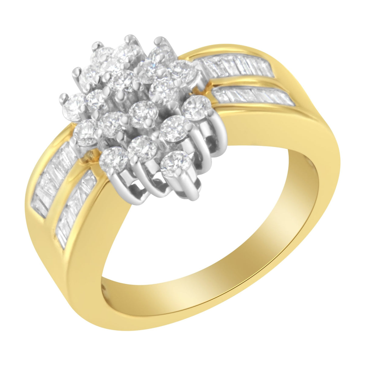 14K Yellow Gold 1.0 Cttw Round & Baguette Cut Diamond Floral Cluster Double-Channel Flared Band Cocktail Statement Ring (H-I Color, SI2-I1 Clarity) - Ring Size 7 - LinkagejewelrydesignLinkagejewelrydesign