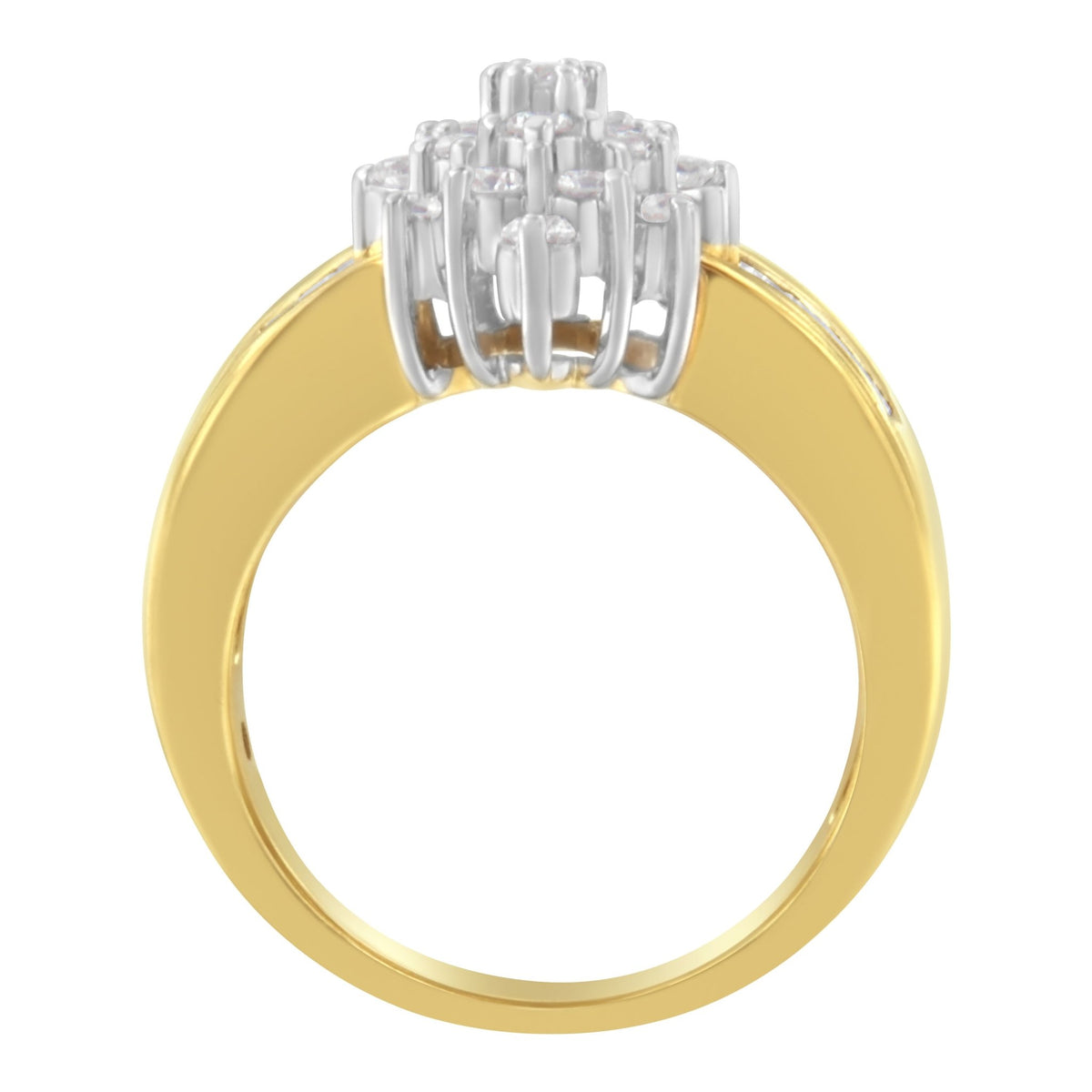 14K Yellow Gold 1.0 Cttw Round & Baguette Cut Diamond Floral Cluster Double-Channel Flared Band Cocktail Statement Ring (H-I Color, SI2-I1 Clarity) - Ring Size 7 - LinkagejewelrydesignLinkagejewelrydesign