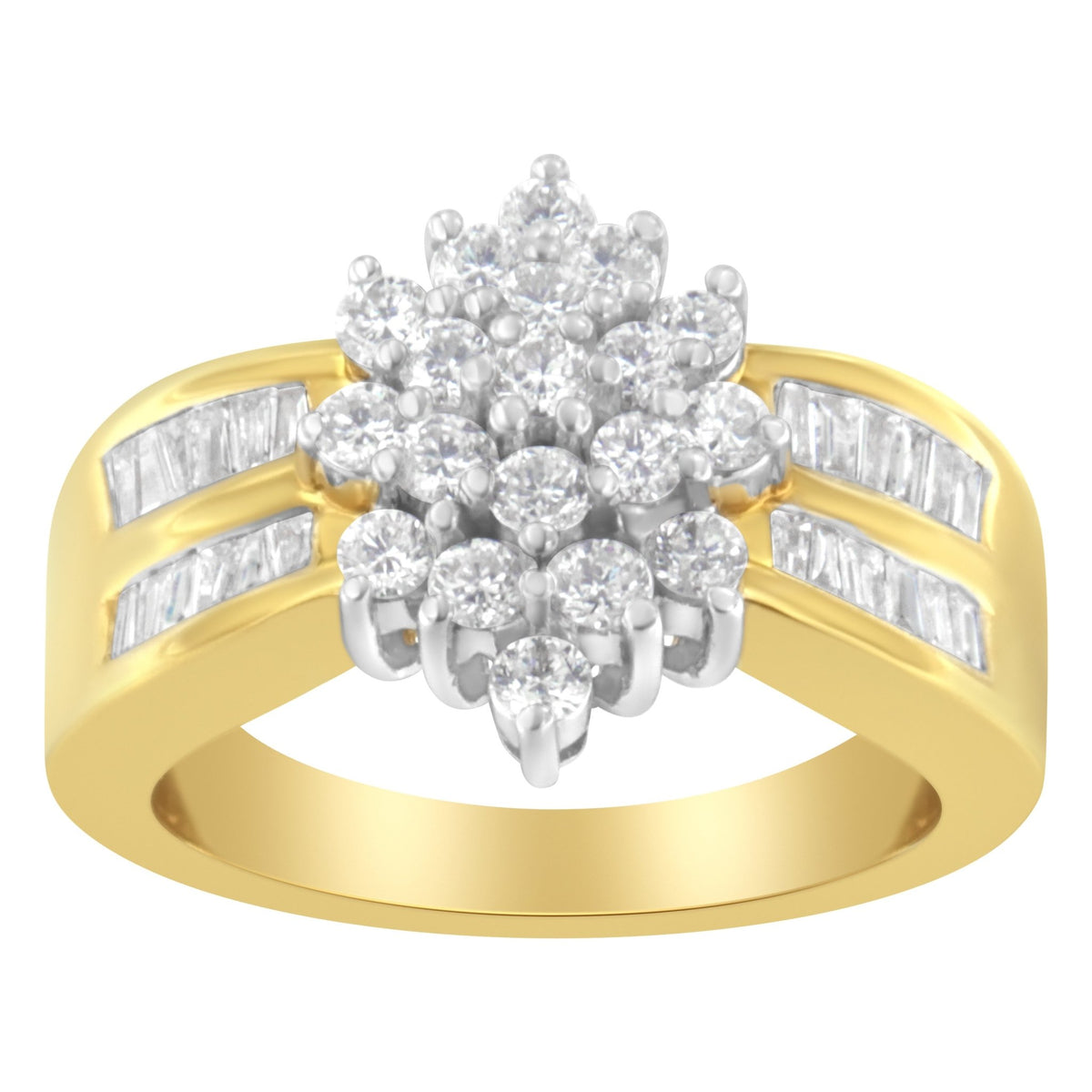 14K Yellow Gold 1.0 Cttw Round & Baguette Cut Diamond Floral Cluster Double-Channel Flared Band Cocktail Statement Ring (H-I Color, SI2-I1 Clarity) - Ring Size 7 - LinkagejewelrydesignLinkagejewelrydesign