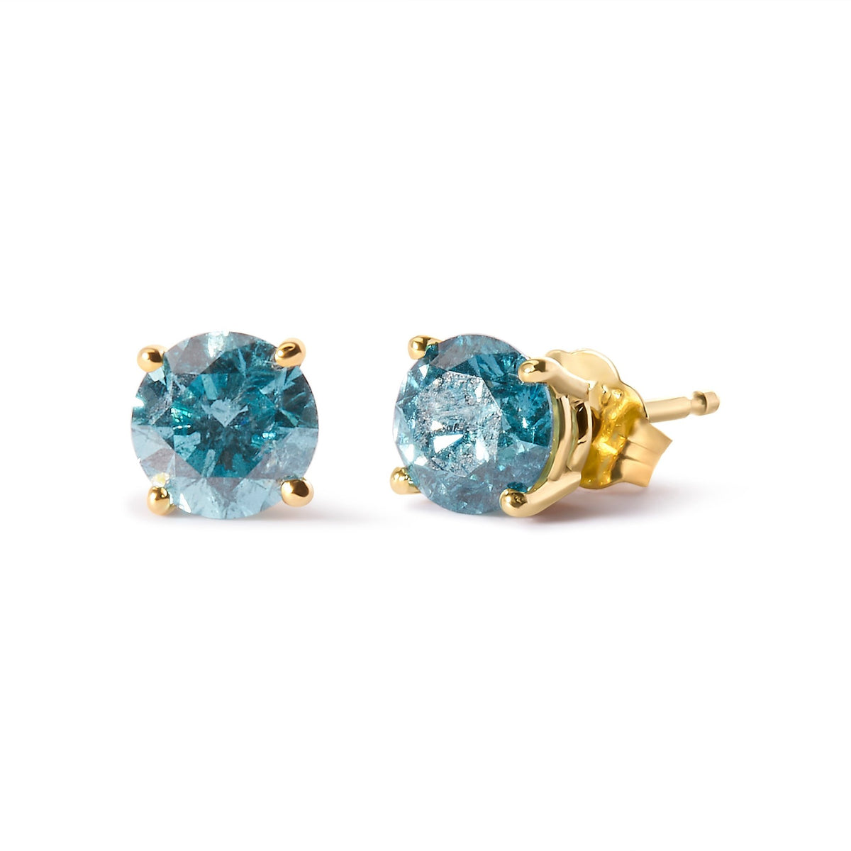 14K Yellow Gold 1.0 Cttw Treated Aqua Blue Diamond Classic Solitaire Stud Earrings (Aqua Blue Color, I2-I3 Clarity) - LinkagejewelrydesignLinkagejewelrydesign