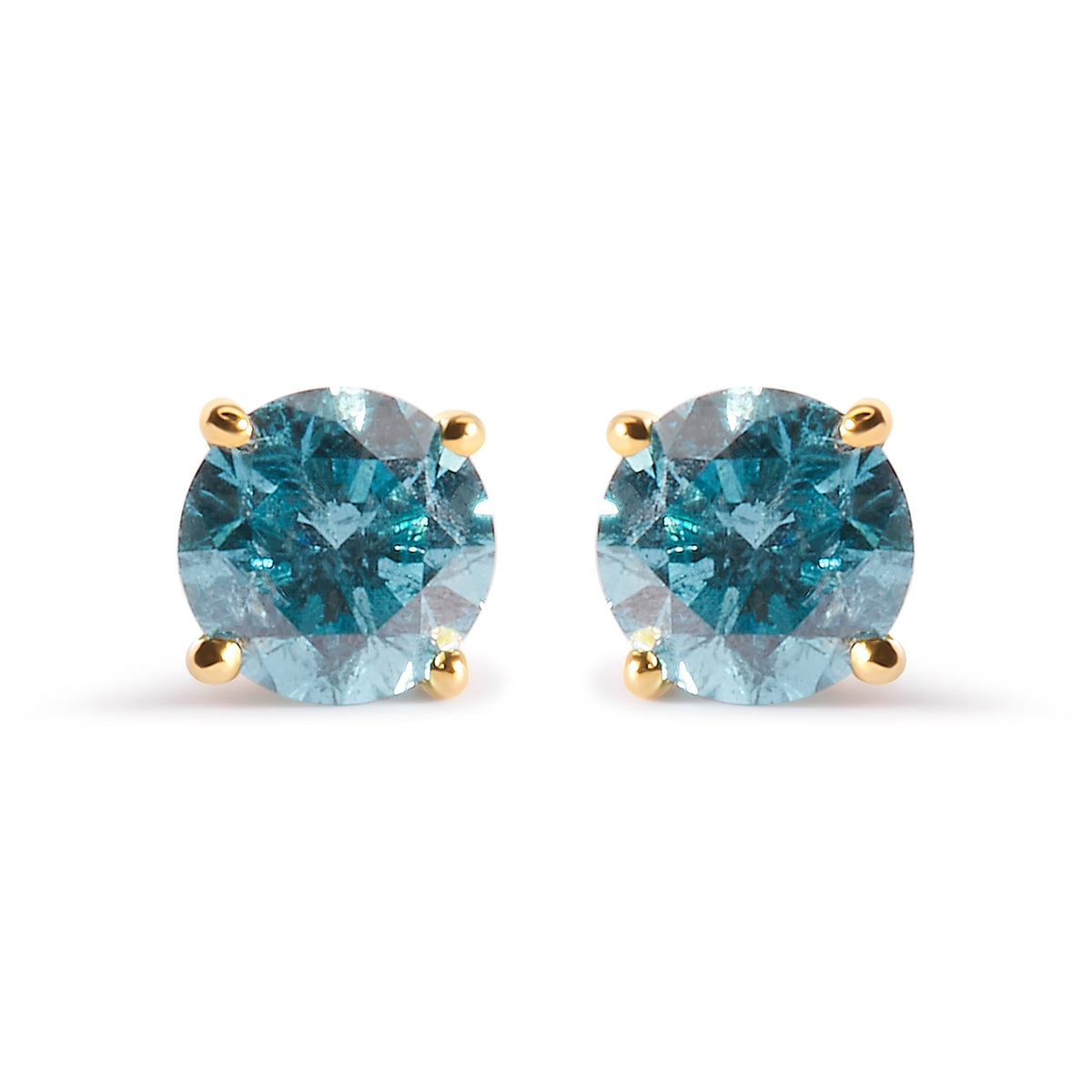 14K Yellow Gold 1.0 Cttw Treated Aqua Blue Diamond Classic Solitaire Stud Earrings (Aqua Blue Color, I2-I3 Clarity) - LinkagejewelrydesignLinkagejewelrydesign