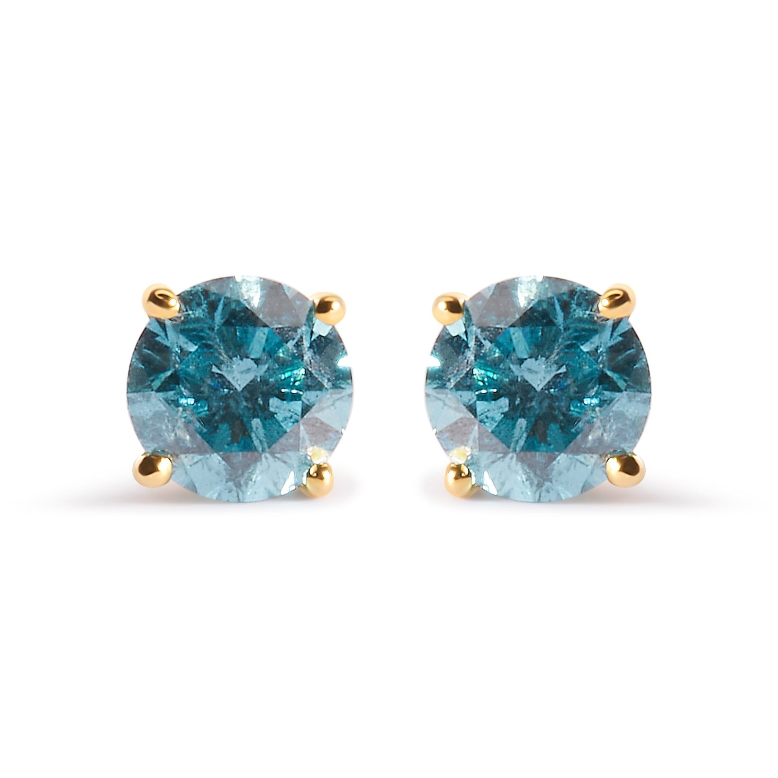 14K Yellow Gold 1.0 Cttw Treated Aqua Blue Diamond Classic Solitaire Stud Earrings (Aqua Blue Color, I2-I3 Clarity) - LinkagejewelrydesignLinkagejewelrydesign