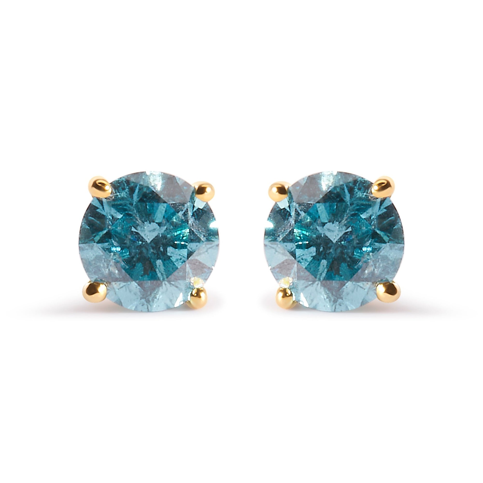 14K Yellow Gold 1.0 Cttw Treated Aqua Blue Diamond Classic Solitaire Stud Earrings (Aqua Blue Color, I2-I3 Clarity) - LinkagejewelrydesignLinkagejewelrydesign