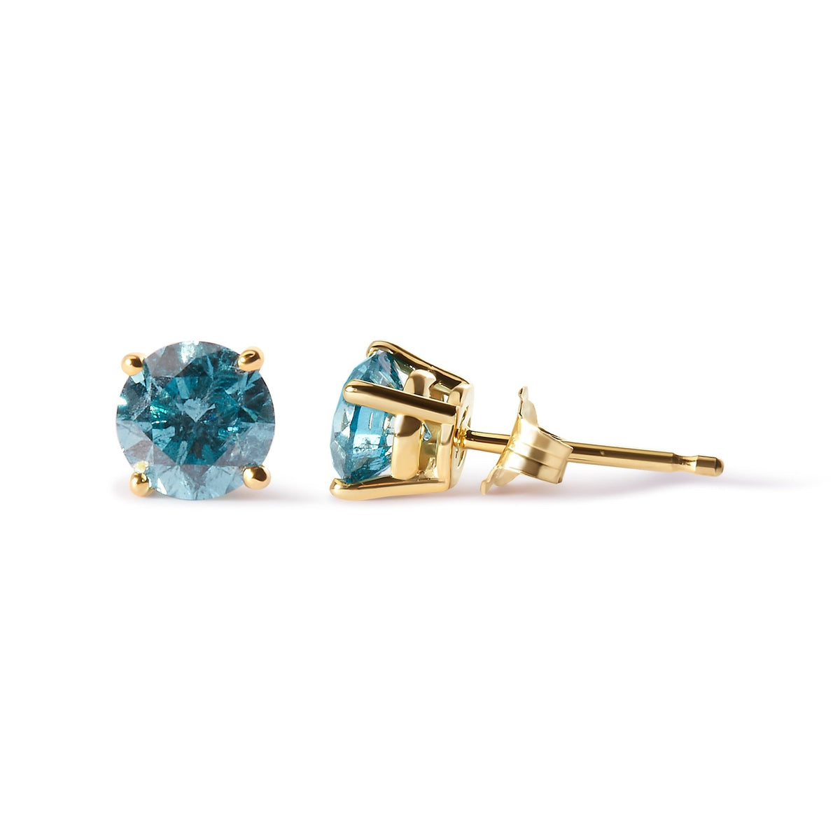 14K Yellow Gold 1.0 Cttw Treated Aqua Blue Diamond Classic Solitaire Stud Earrings (Aqua Blue Color, I2-I3 Clarity) - LinkagejewelrydesignLinkagejewelrydesign