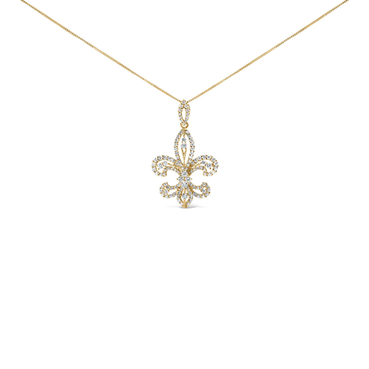 14K Yellow Gold 1.00 Cttw Round Diamond Fleur De Lis 18&quot; Pendant Necklace (H-I Color, SI2-I1 Clarity) - LinkagejewelrydesignLinkagejewelrydesign