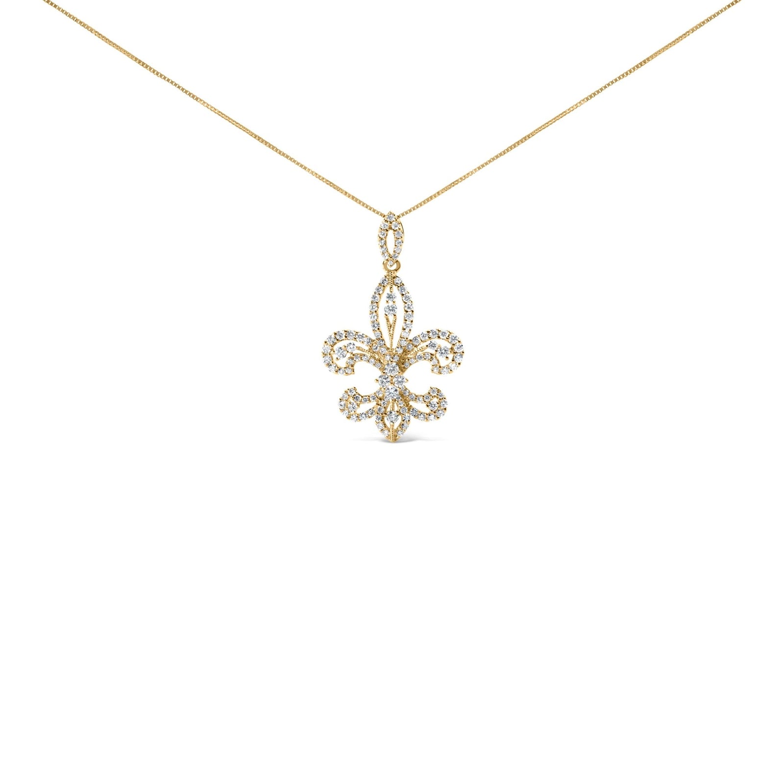 14K Yellow Gold 1.00 Cttw Round Diamond Fleur De Lis 18" Pendant Necklace (H-I Color, SI2-I1 Clarity) - LinkagejewelrydesignLinkagejewelrydesign