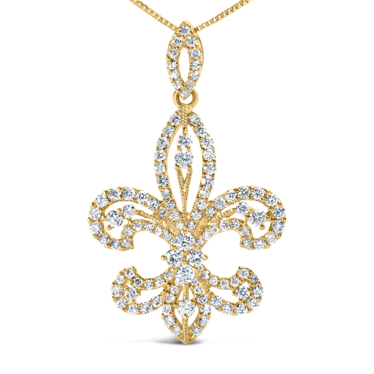 14K Yellow Gold 1.00 Cttw Round Diamond Fleur De Lis 18&quot; Pendant Necklace (H-I Color, SI2-I1 Clarity) - LinkagejewelrydesignLinkagejewelrydesign