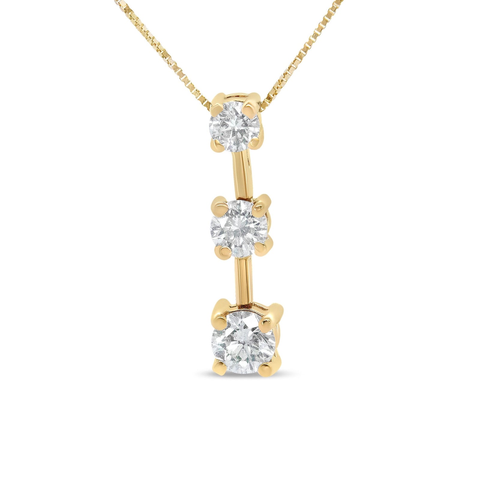 14K Yellow Gold 1.00 Cttw Round Diamond Three-Stone Drop Pendant 18" Necklace - (H-I Color, SI1-SI2 Clarity) - LinkagejewelrydesignLinkagejewelrydesign