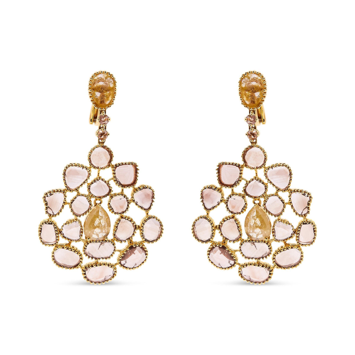 14K Yellow Gold 11 1/5 Cttw Rose Cut and Sliced Diamond Chandelier Style Dangle Earrings (Fancy Color, I2-I3 Clarity) - LinkagejewelrydesignLinkagejewelrydesign