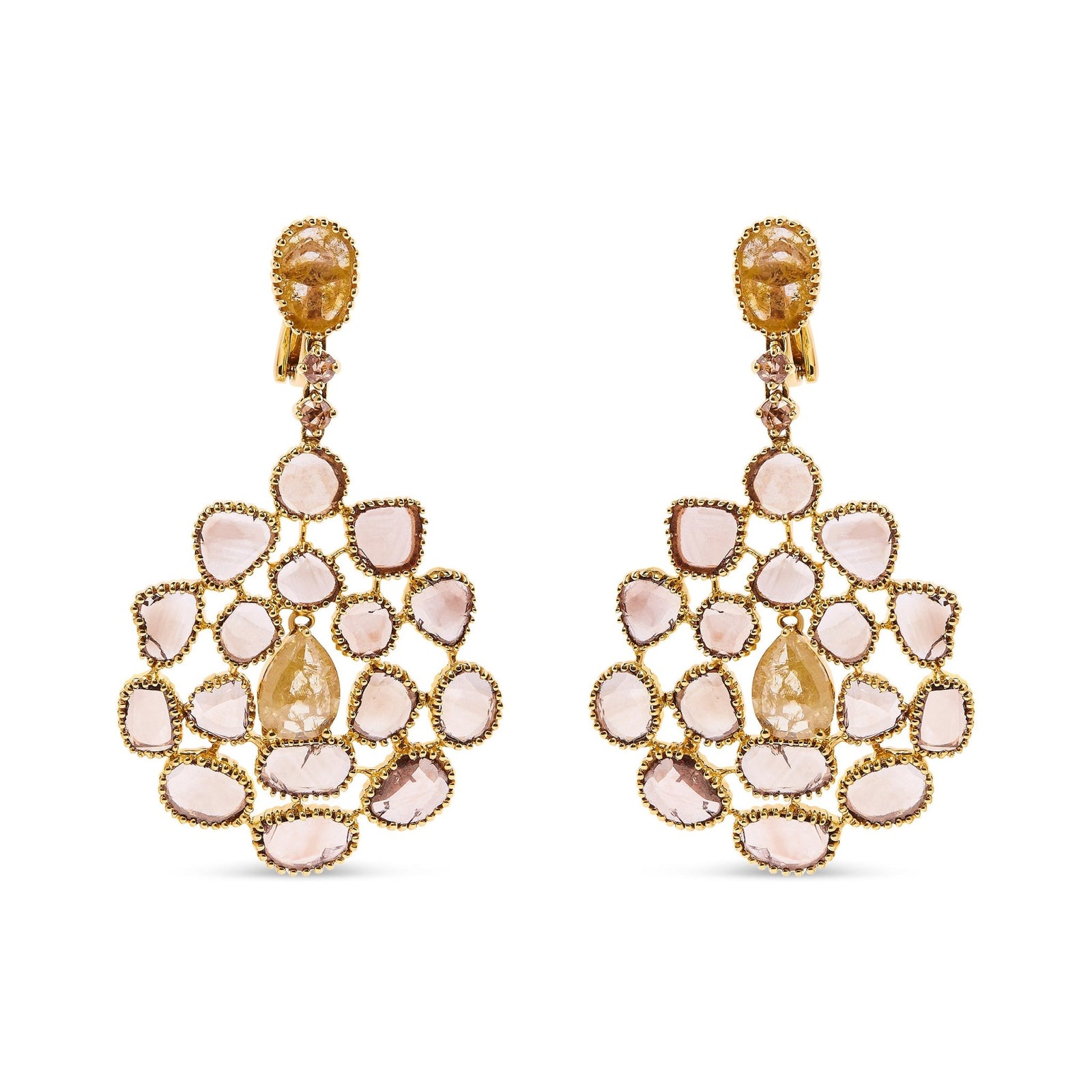 14K Yellow Gold 11 1/5 Cttw Rose Cut and Sliced Diamond Chandelier Style Dangle Earrings (Fancy Color, I2-I3 Clarity) - LinkagejewelrydesignLinkagejewelrydesign