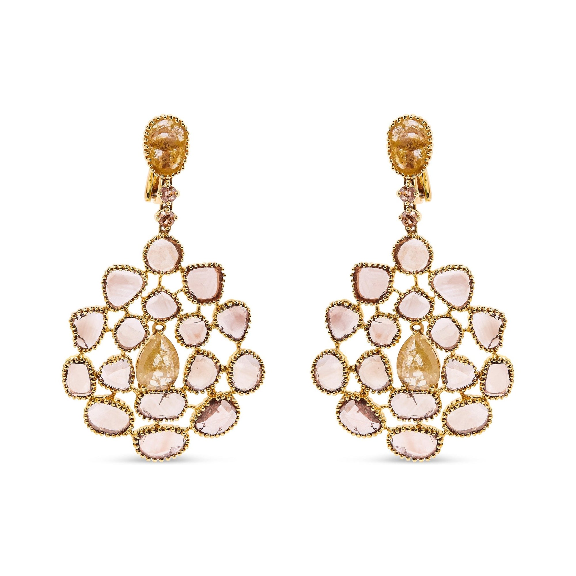 14K Yellow Gold 11 1/5 Cttw Rose Cut and Sliced Diamond Chandelier Style Dangle Earrings (Fancy Color, I2-I3 Clarity) - LinkagejewelrydesignLinkagejewelrydesign