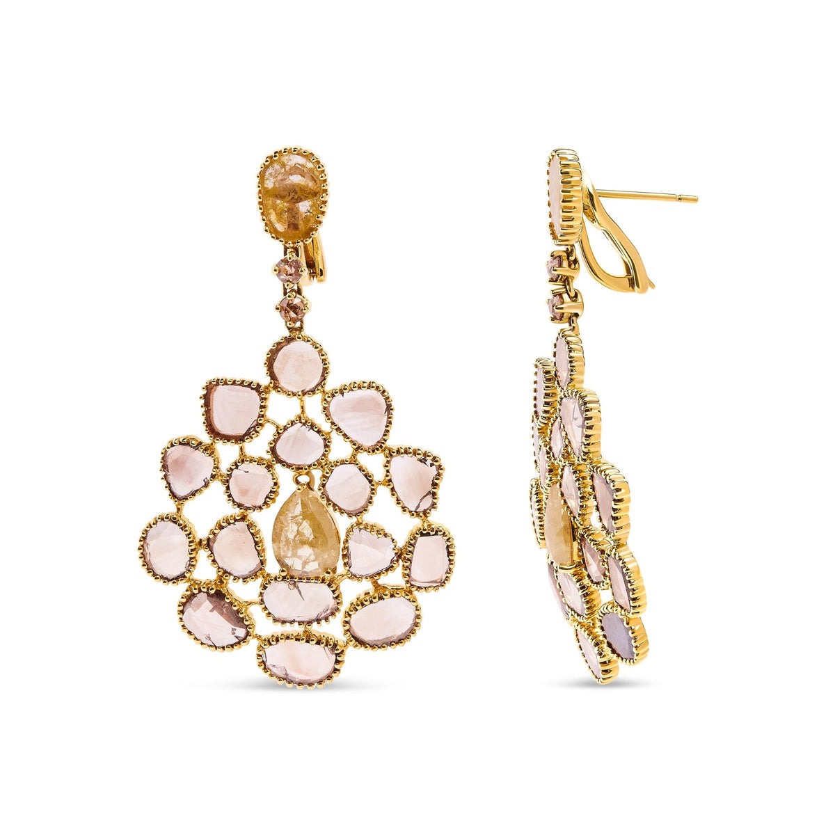 14K Yellow Gold 11 1/5 Cttw Rose Cut and Sliced Diamond Chandelier Style Dangle Earrings (Fancy Color, I2-I3 Clarity) - LinkagejewelrydesignLinkagejewelrydesign