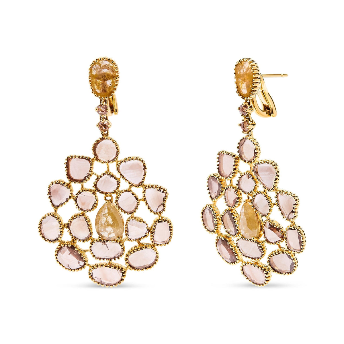 14K Yellow Gold 11 1/5 Cttw Rose Cut and Sliced Diamond Chandelier Style Dangle Earrings (Fancy Color, I2-I3 Clarity) - LinkagejewelrydesignLinkagejewelrydesign