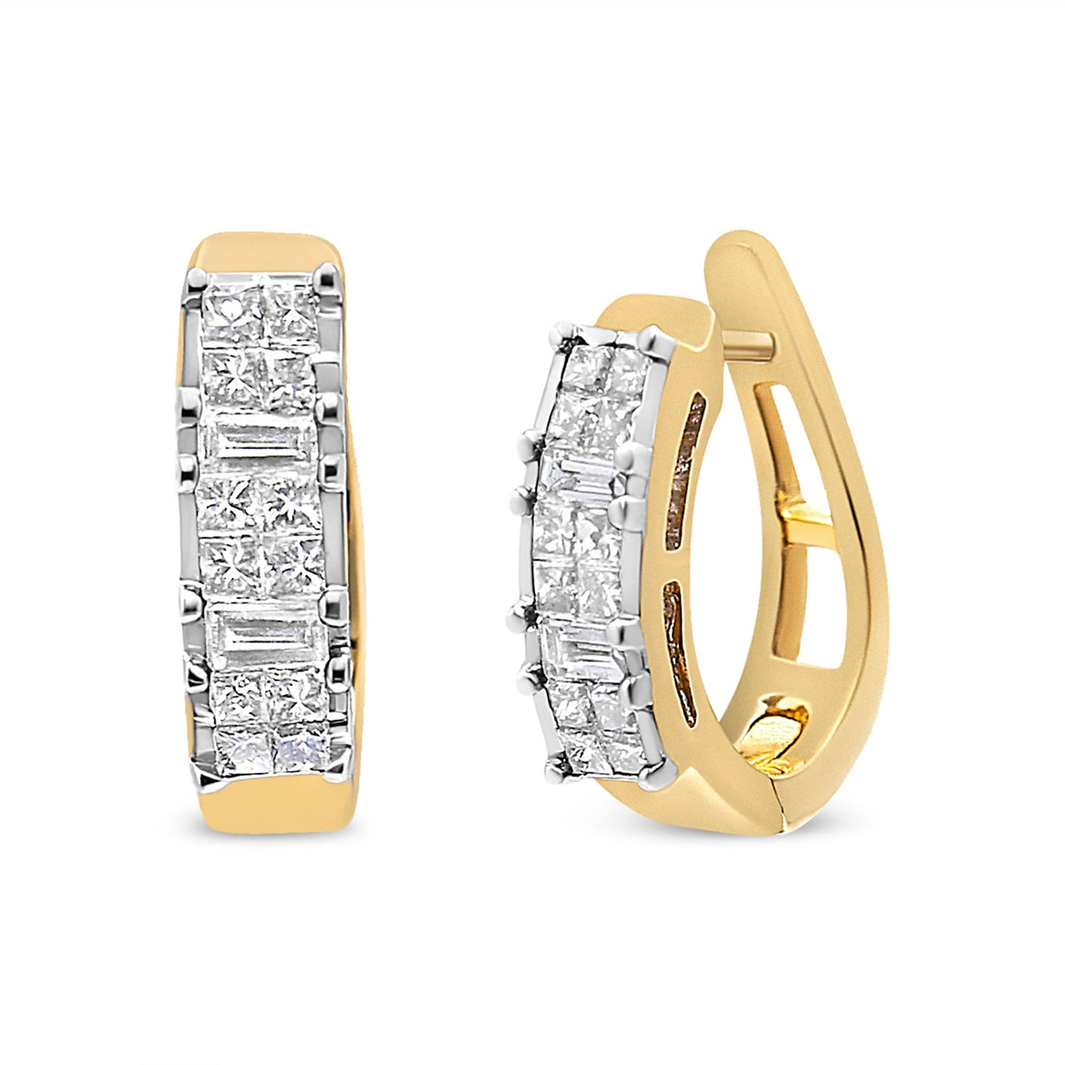 14K Yellow Gold 1/2 Cttw Princess &amp; Baguette-Cut Diamond Invisible-Set U-Hoop Earrings (H-I Color, SI2-I1 Clarity) - LinkagejewelrydesignLinkagejewelrydesign