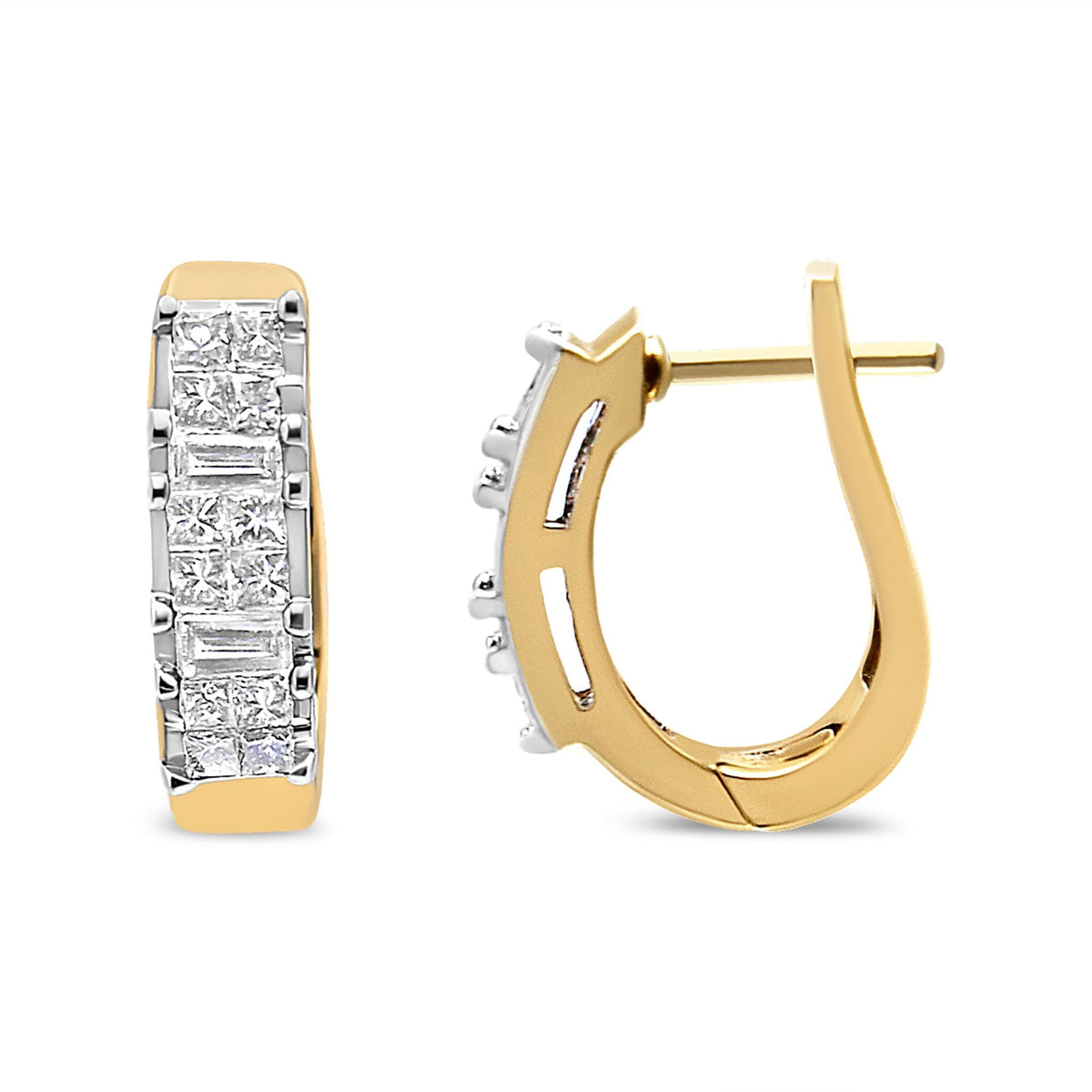 14K Yellow Gold 1/2 Cttw Princess &amp; Baguette-Cut Diamond Invisible-Set U-Hoop Earrings (H-I Color, SI2-I1 Clarity) - LinkagejewelrydesignLinkagejewelrydesign