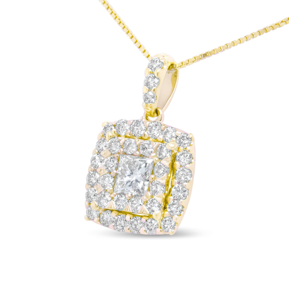 14K Yellow Gold 1/2 Cttw Round and Princess-Cut Diamond Double Halo 18&quot; Pendant Necklace (H-I Color, SI2-I1 Clarity) - LinkagejewelrydesignLinkagejewelrydesign