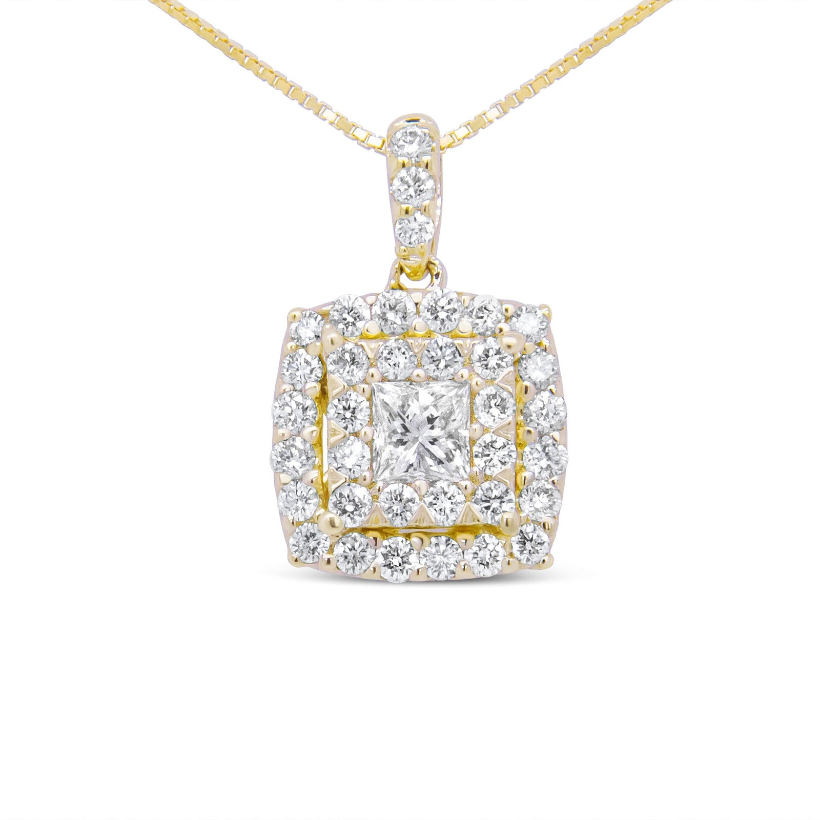 14K Yellow Gold 1/2 Cttw Round and Princess-Cut Diamond Double Halo 18" Pendant Necklace (H-I Color, SI2-I1 Clarity) - LinkagejewelrydesignLinkagejewelrydesign
